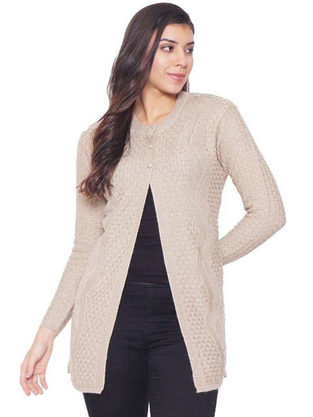 

CLAPTON Geometric Self Design Woolen Longline Cardigan, Beige