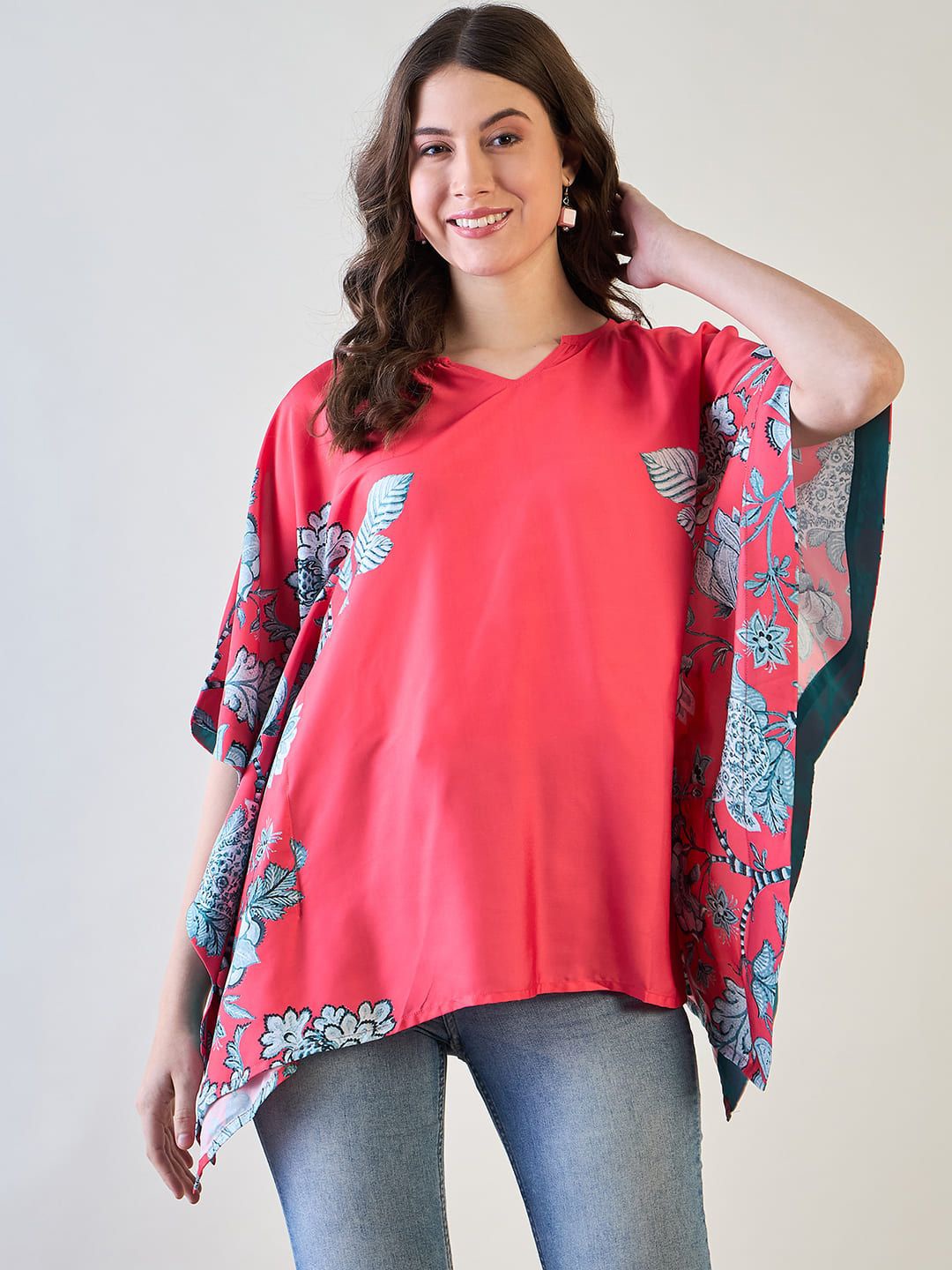 

The Kaftan Company Women Floral Printed Extended Sleeves Kaftan Top, Red