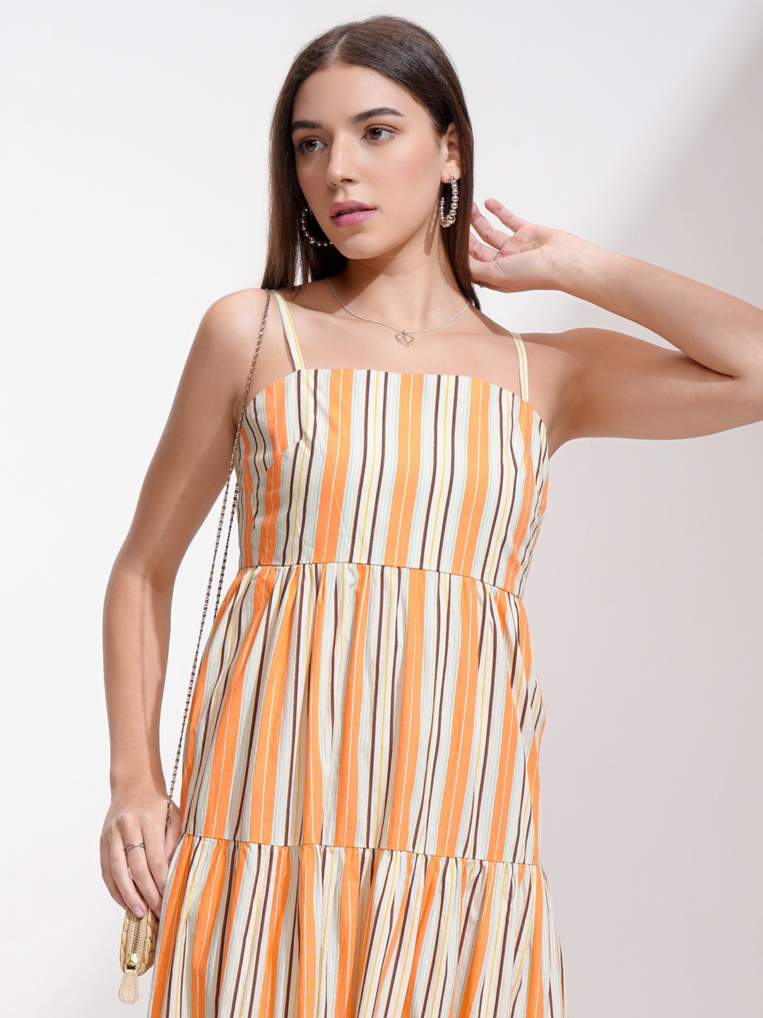 

Tokyo Talkies Cotton Striped Shoulder Straps Fit & Flare Tiered Midi Dress, Orange