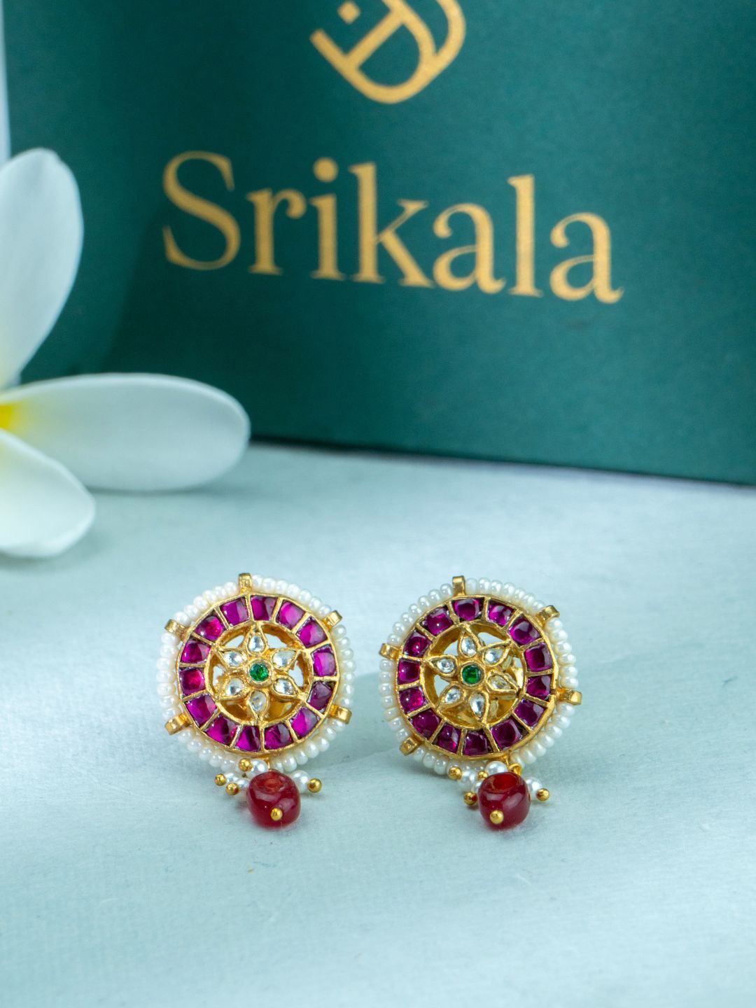 

srikala Gold-Plated Stone Studded & Beaded Floral Chakra Studs