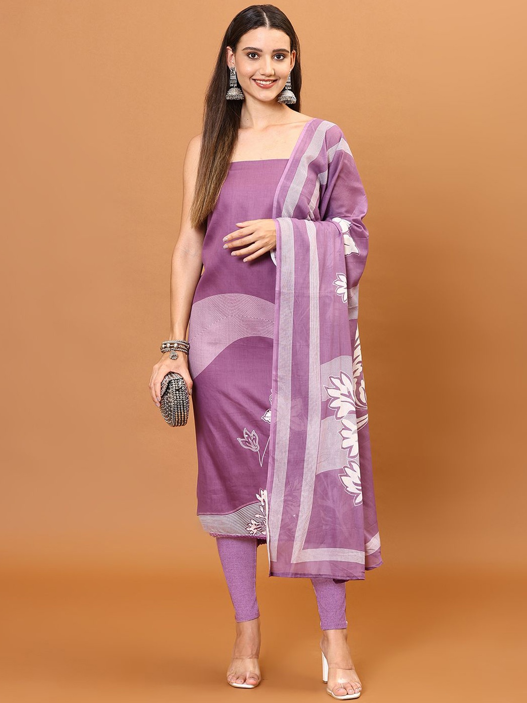 

Meena Bazaar Floral Printed Art Silk Unstitched Dress Material, Purple