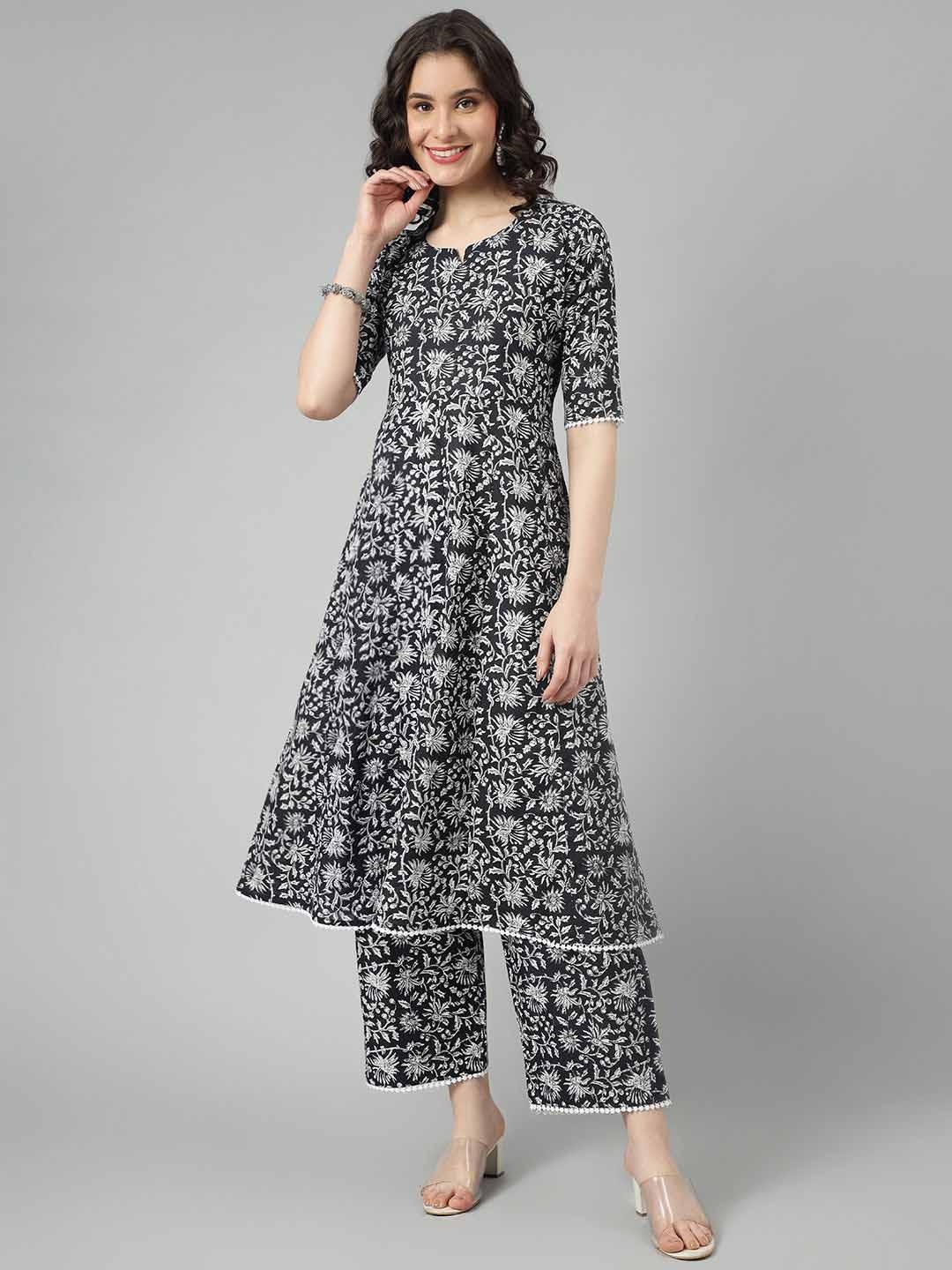 

KALINI Floral Printed Pure Cotton Anarkali Kurta with Palazzos, Black