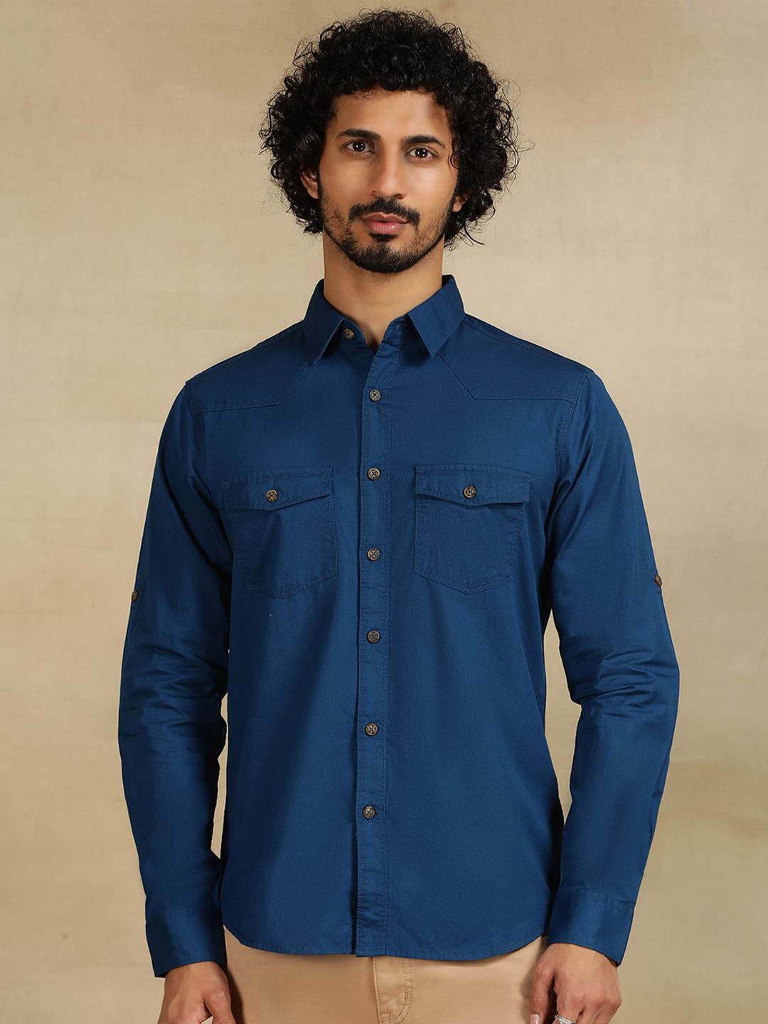 

Greenfibre Men Cutaway Collar Solid Cotton Slim Fit Casual Shirt, Navy blue