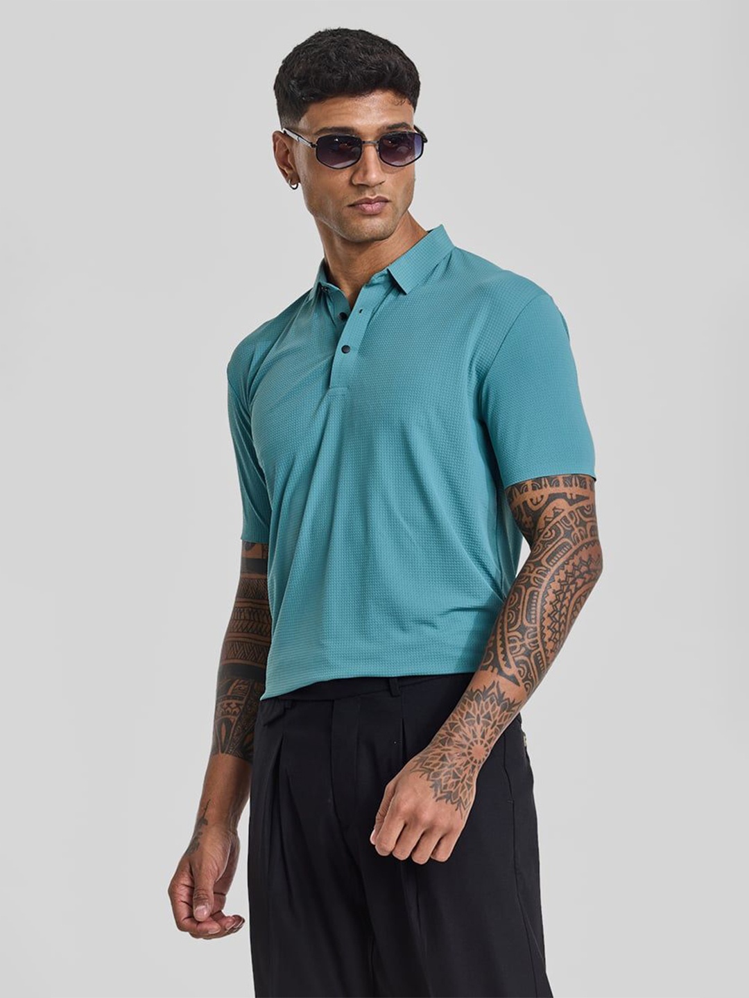 

Snitch Men Self Design Polo Collar Cotton Slim Fit T-shirt, Turquoise blue