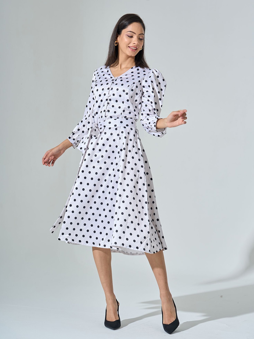 

SALT ATTIRE Women Polka Dot Printed Puff Sleeve Fit & Flare Dress, White