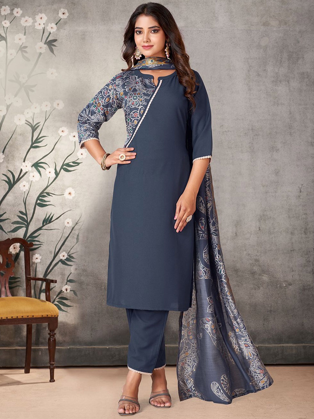 

KALINI Ethnic Motifs Printed Kurta with Palazzo & Dupatta, Grey