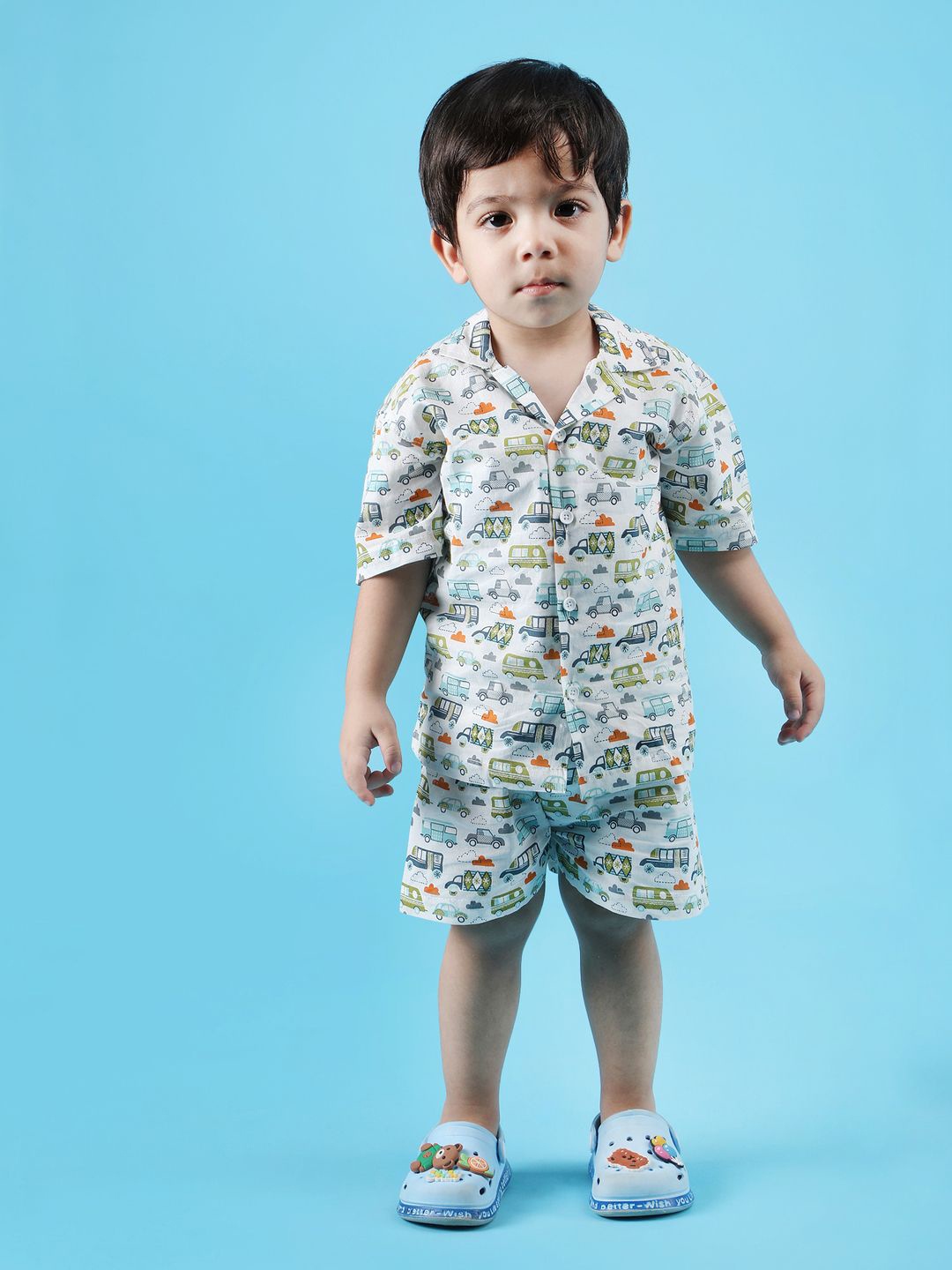 

Polka Tots Boys Printed Pure Cotton Shirt with Shorts, White