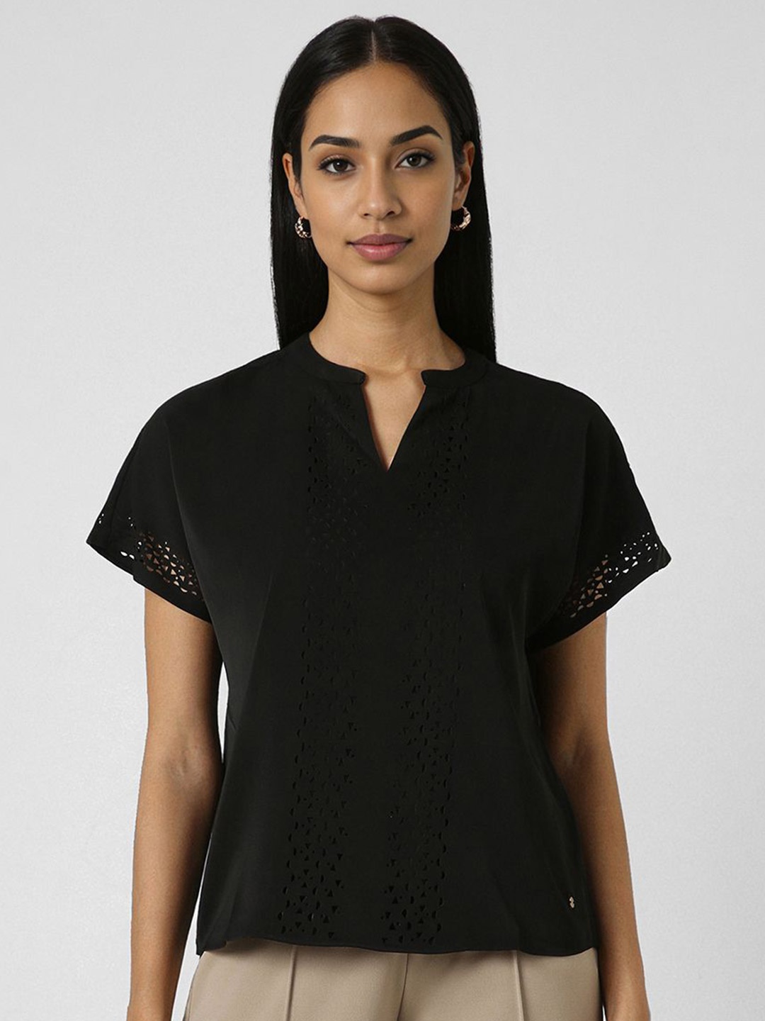 

Van Heusen Woman Self Design Mandarin Collar Top, Black