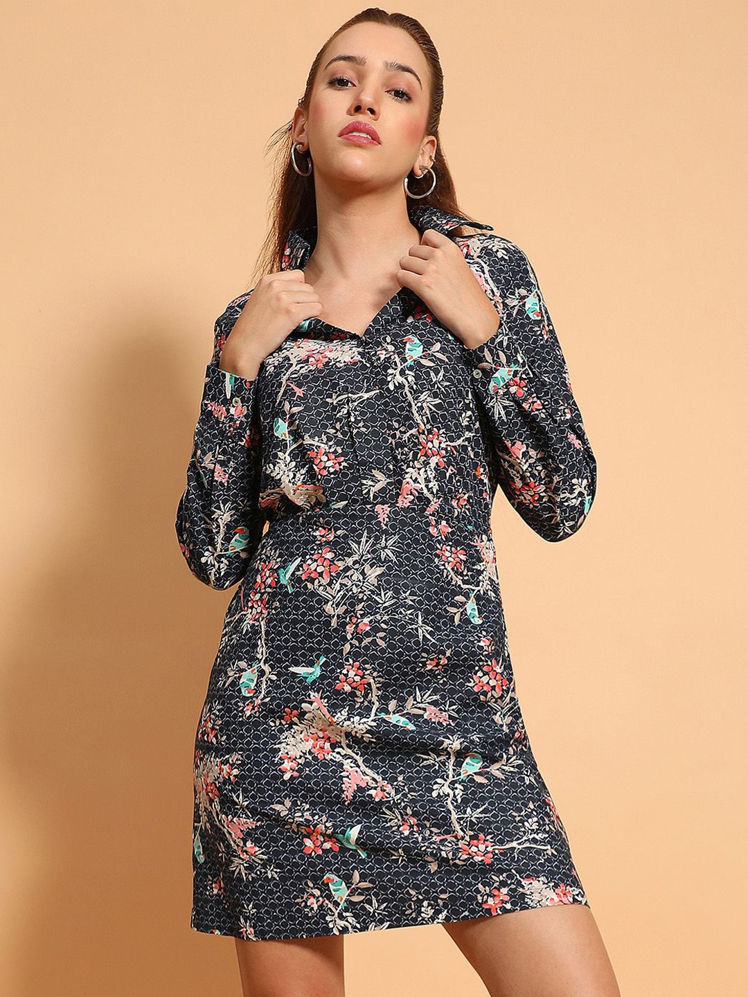 

Oxolloxo Floral Printed Cotton A-Line Dress, Navy blue