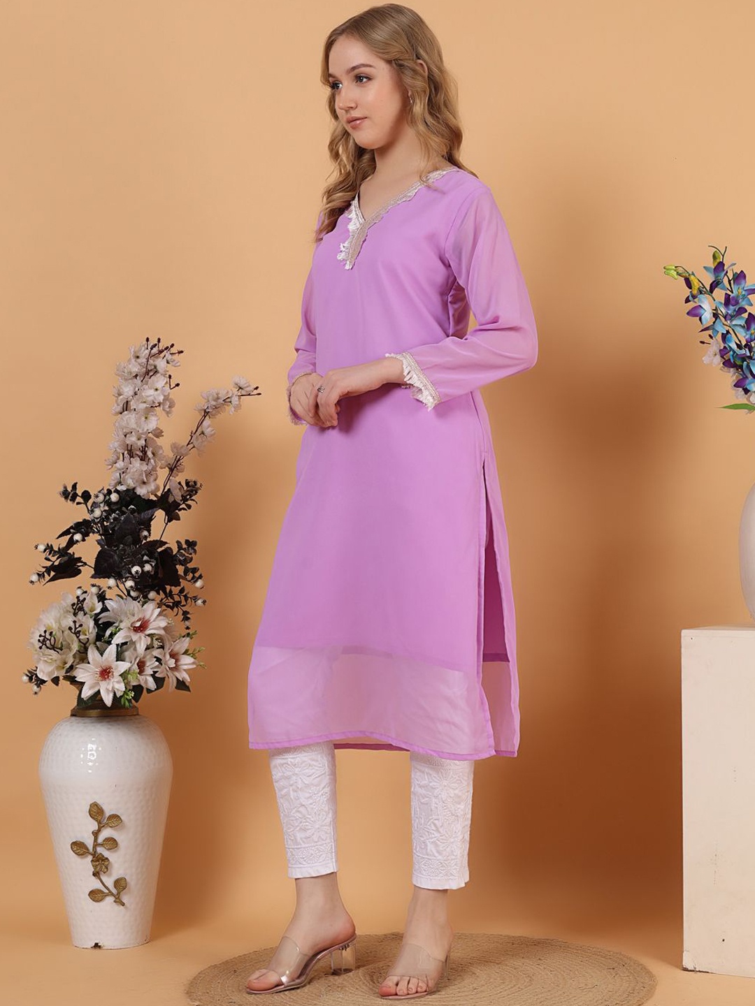 

Tulip Eden V-Neck Georgette Straight Kurta, Lavender