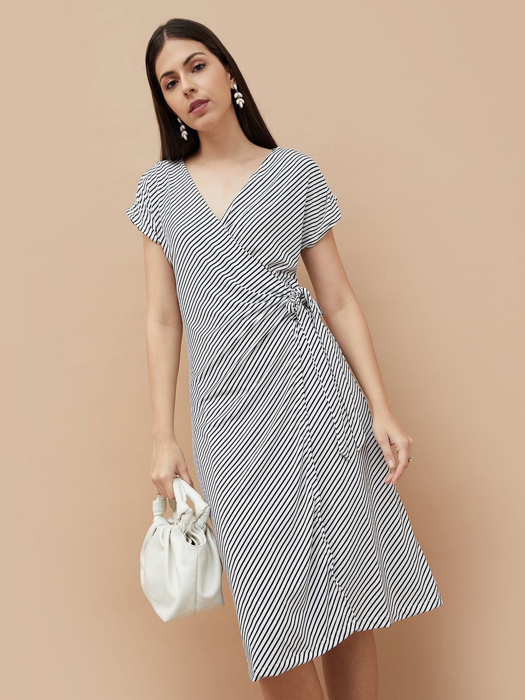

CODE by Lifestyle Women Striped V-neck Wrap Dress, Off white