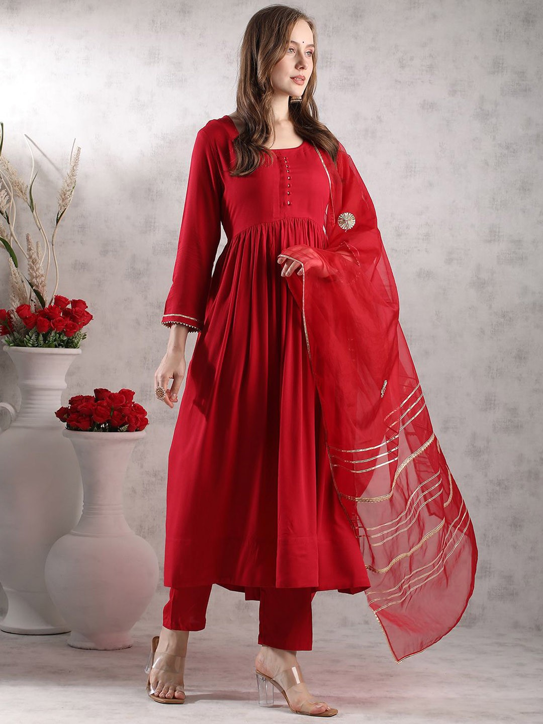 

KALINI Solid Gotta Patti Anarkali Kurta with Trousers & Dupatta, Red