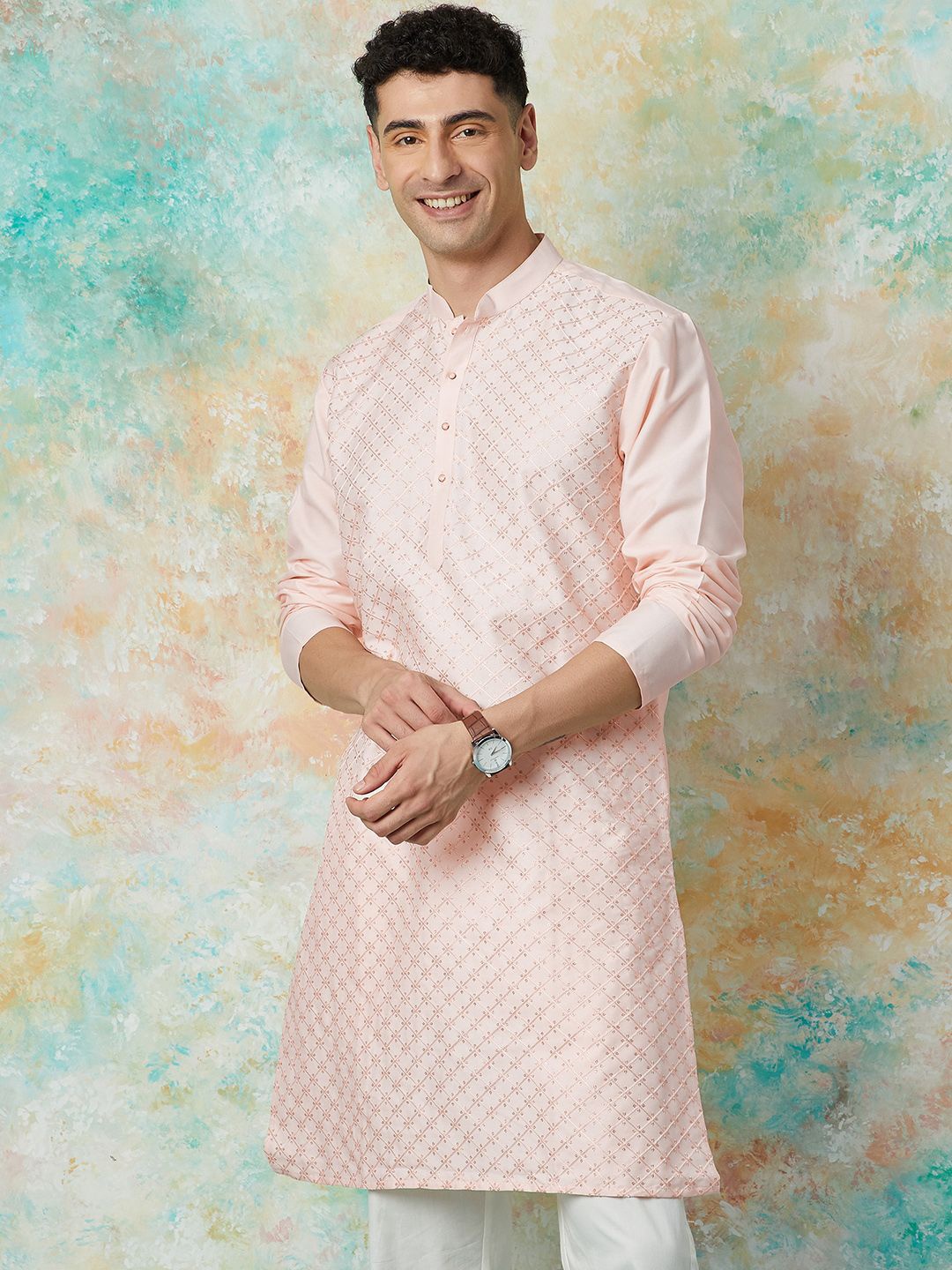 

Melange by Lifestyle Geometric Embroidered Mandarin Collar Sequinned Straight Kurta, Coral