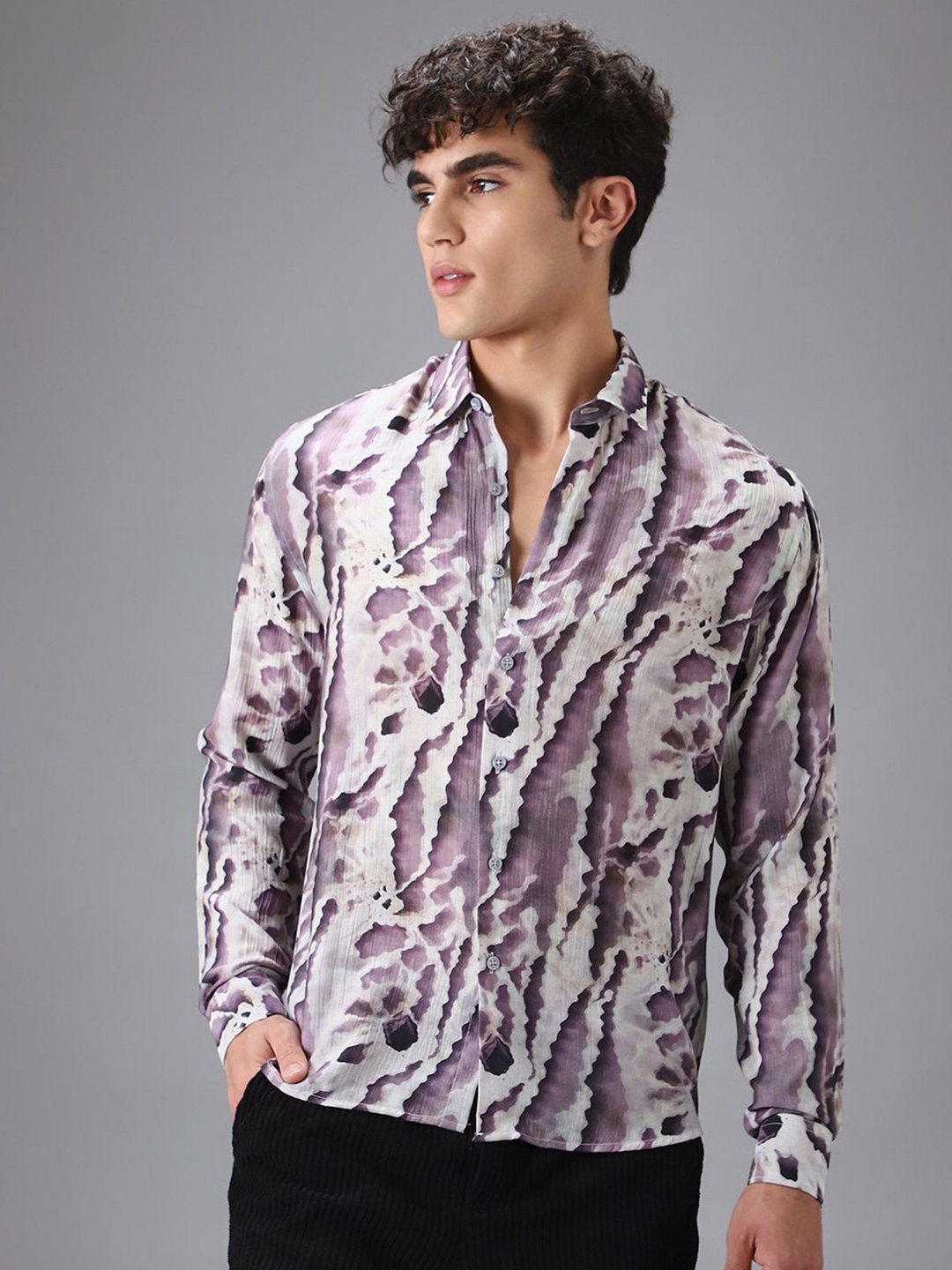 

Banana Club Men Classic Slim Fit Semi Sheer Printed Casual Shirt, Lavender