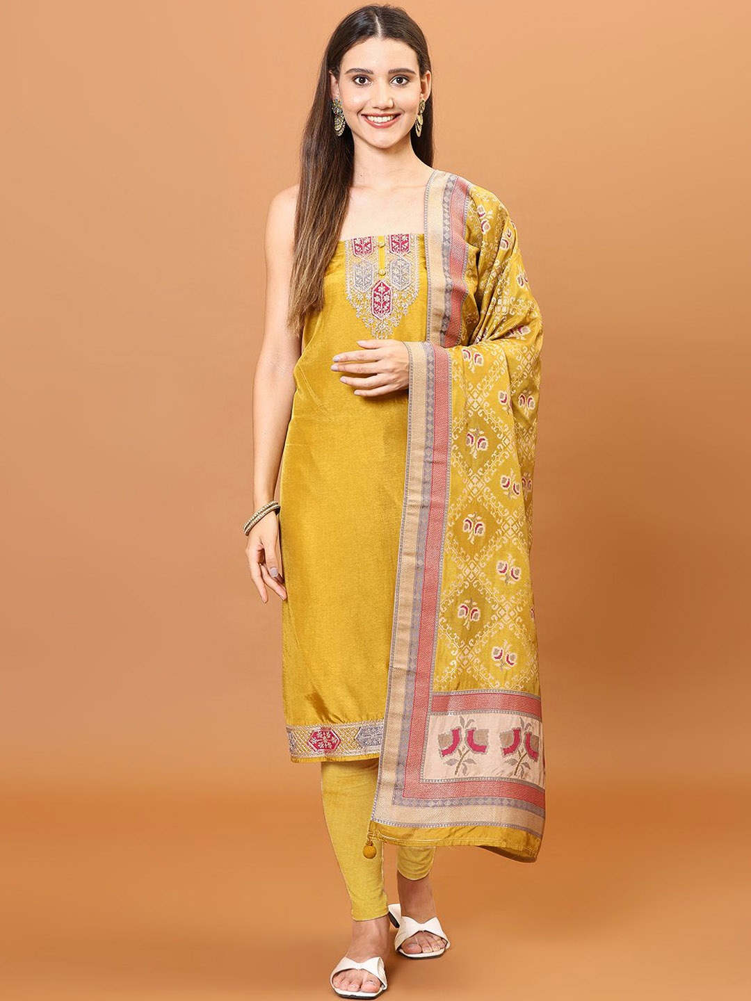 

Meena Bazaar Embroidered Zari Art Silk Unstitched Dress Material, Mustard