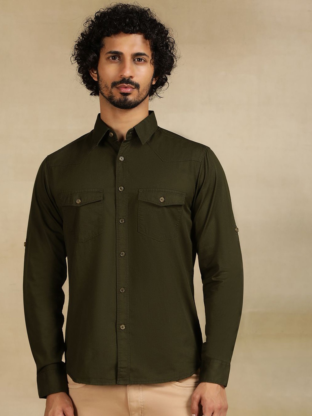 

Greenfibre Men Cutaway Collar Solid Cotton Slim Fit Casual Shirt, Olive