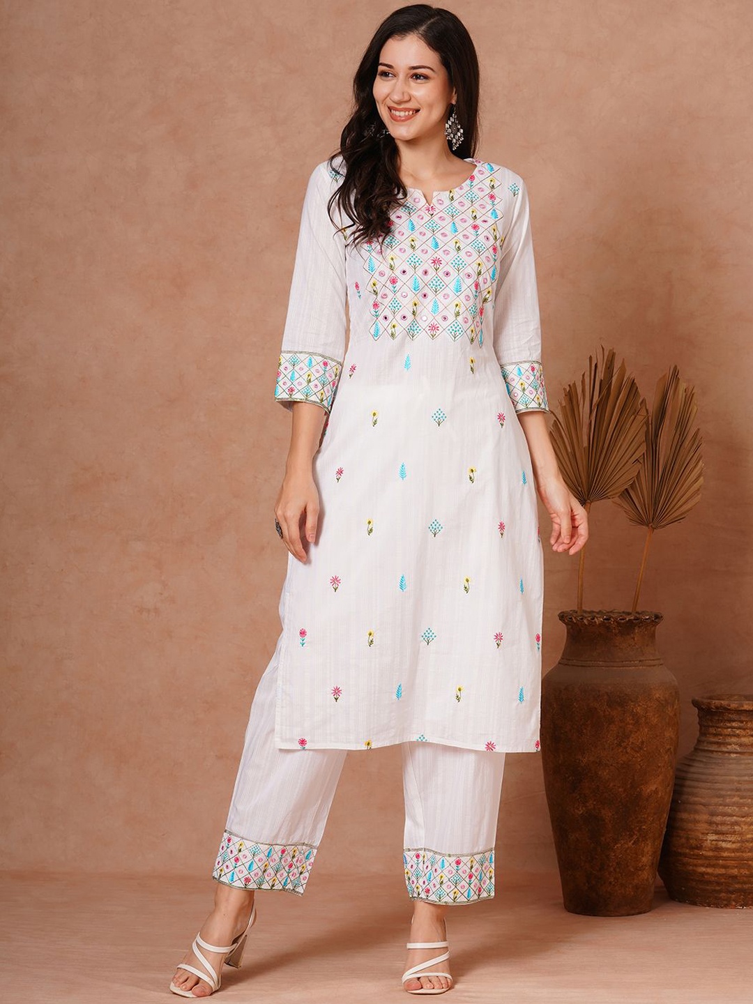 

FASHOR Floral Embroidered Mirror Work Pure Cotton Kurta With Salwar, White