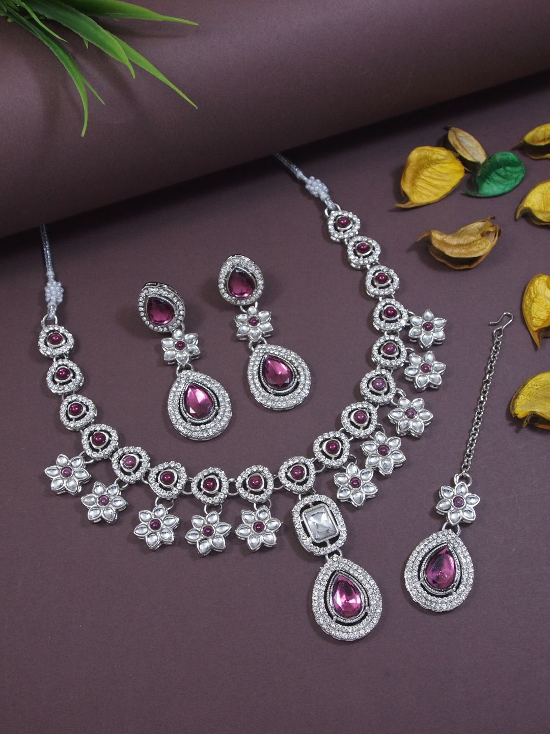 

I Jewels Sliver Plated Stone Studded Necklace & Earrings With Maang Tika, Silver