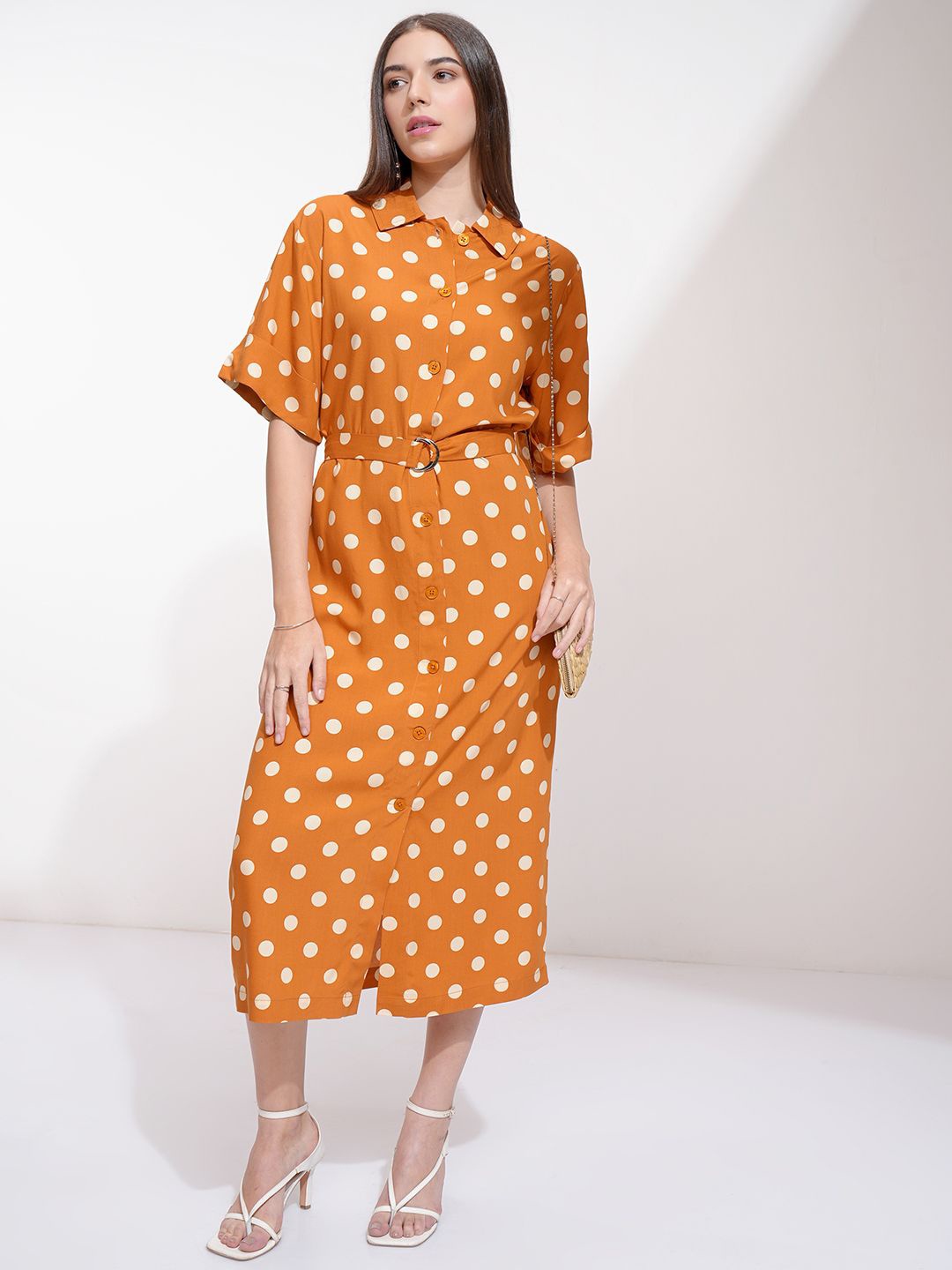 

ESPYR By Tokyo Talkies Women Polka Dot Printed Shirt Type Midi Dress, Rust