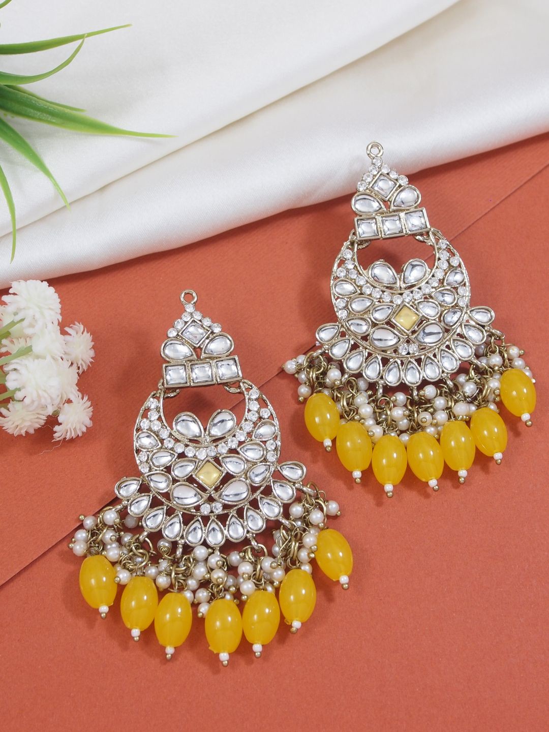 

I Jewels Gold-Plated Contemporary Kundan Stud Chandbalis Earrings, Yellow