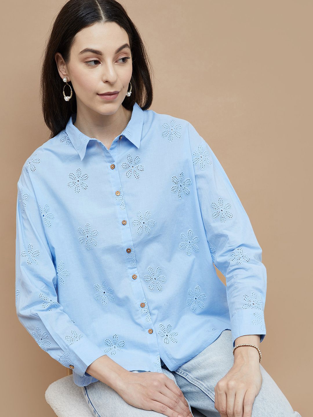 

Colour Me by Melange Women Cutaway Collar Floral Printed Cotton Oversized Casual Shirt, Blue