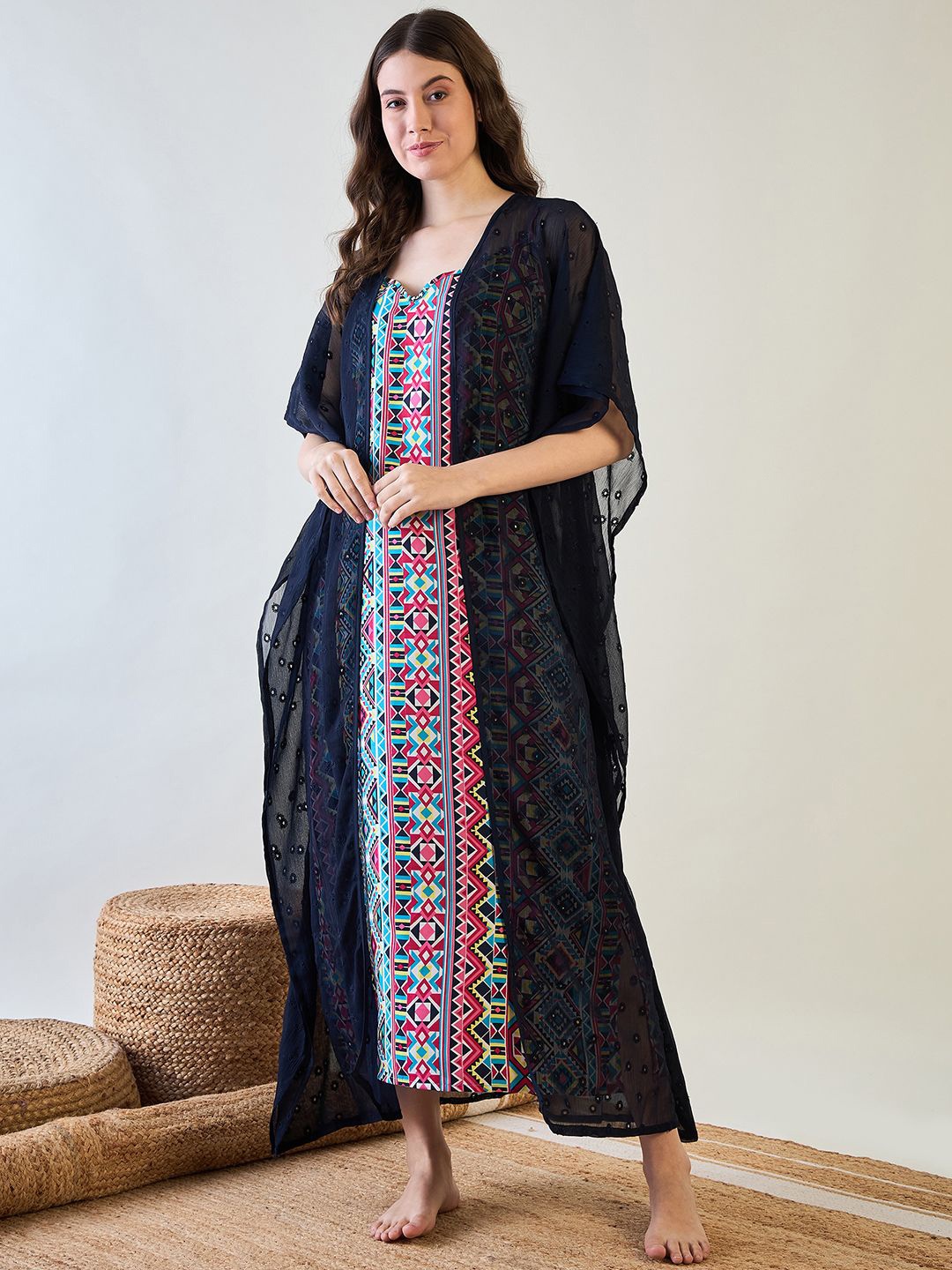 

The Kaftan Company Women Geometric Printed Maxi Nightdress Detail Robe, Navy blue