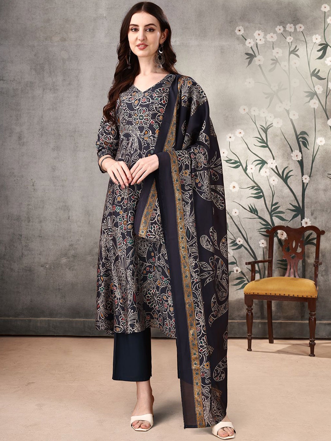

KALINI Paisley Printed V-Neck Anarkali Kurta With Palazzos & Dupatta, Grey