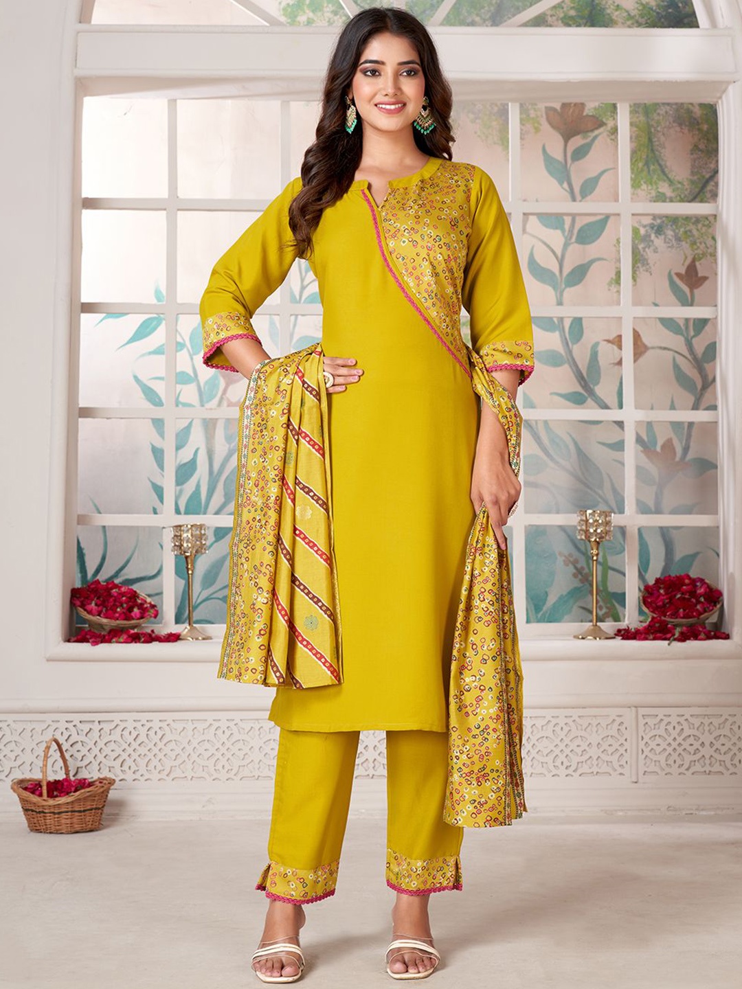 

KALINI Bhandani Printed Notch Neck Straight Kurta with palazzo & Dupatta, Yellow