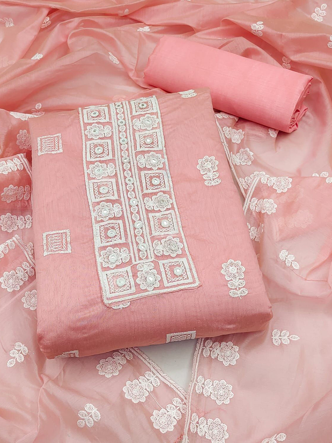 

Maroosh Geometric Embroidered Unstitched Dress Material, Pink