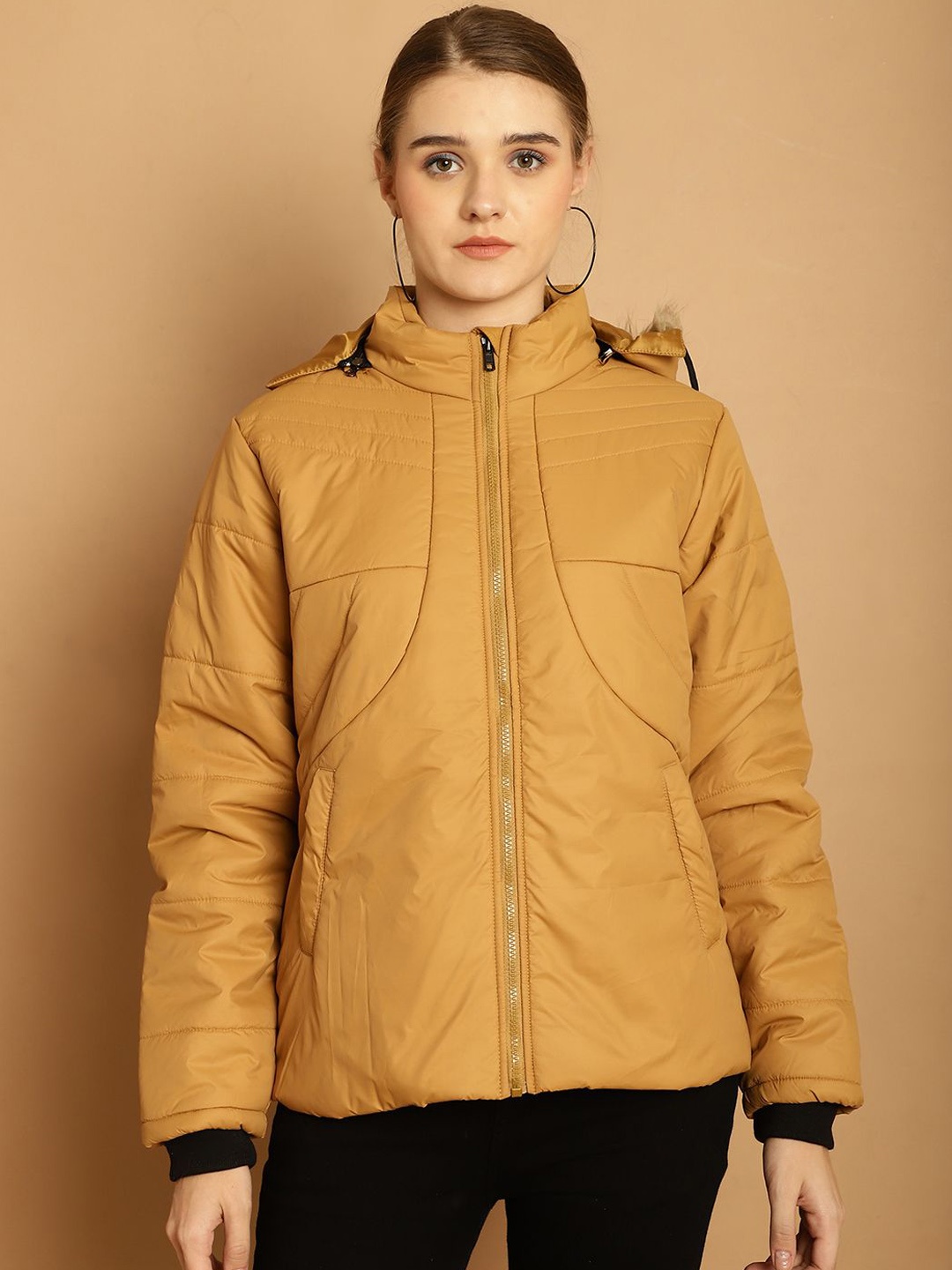 

WELL QUALITY Women Hooded Solid Casual Parka Jacket, Mustard