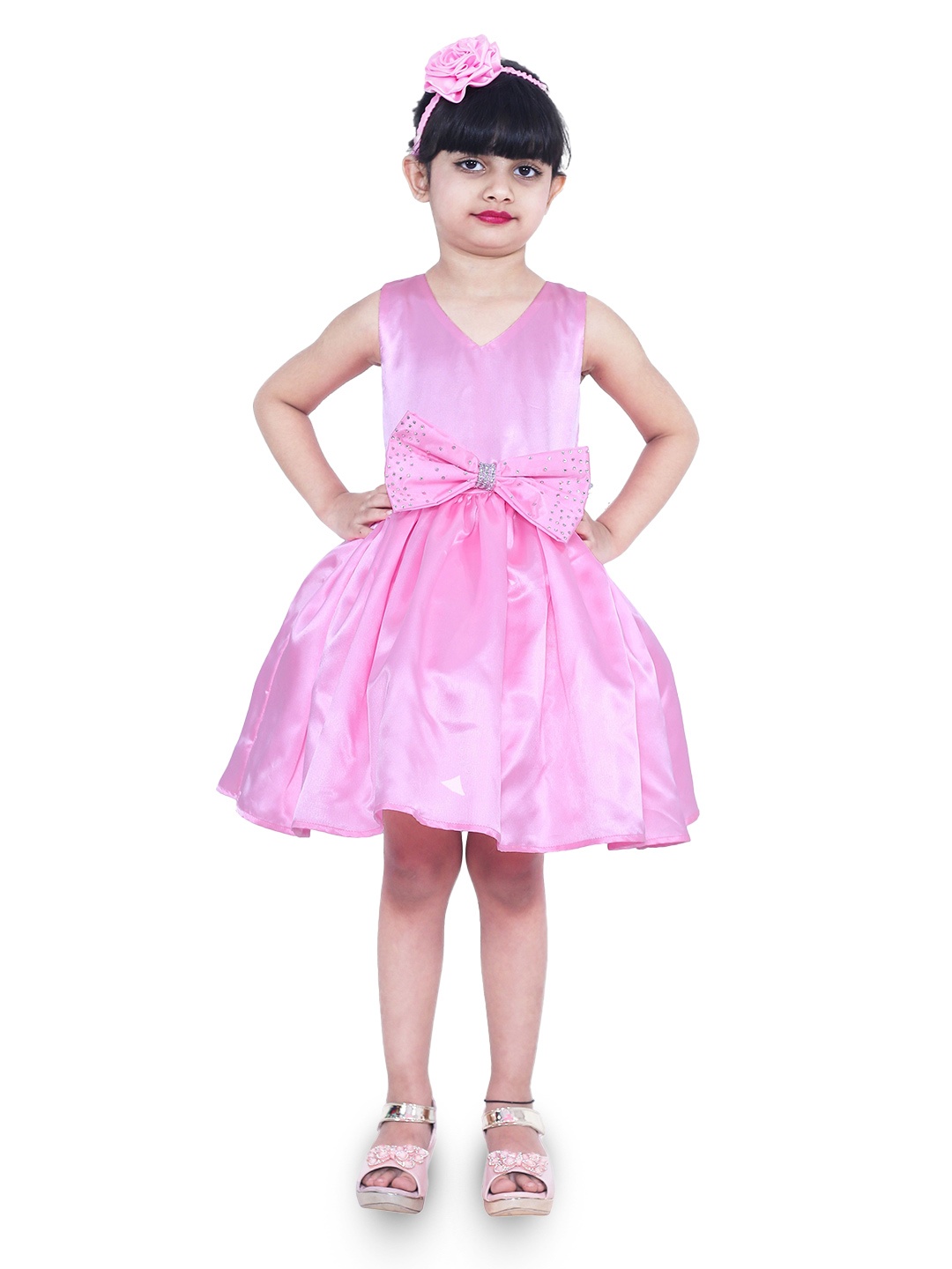 

Wish little Girls Satin Pink A-Line V Neck Dress