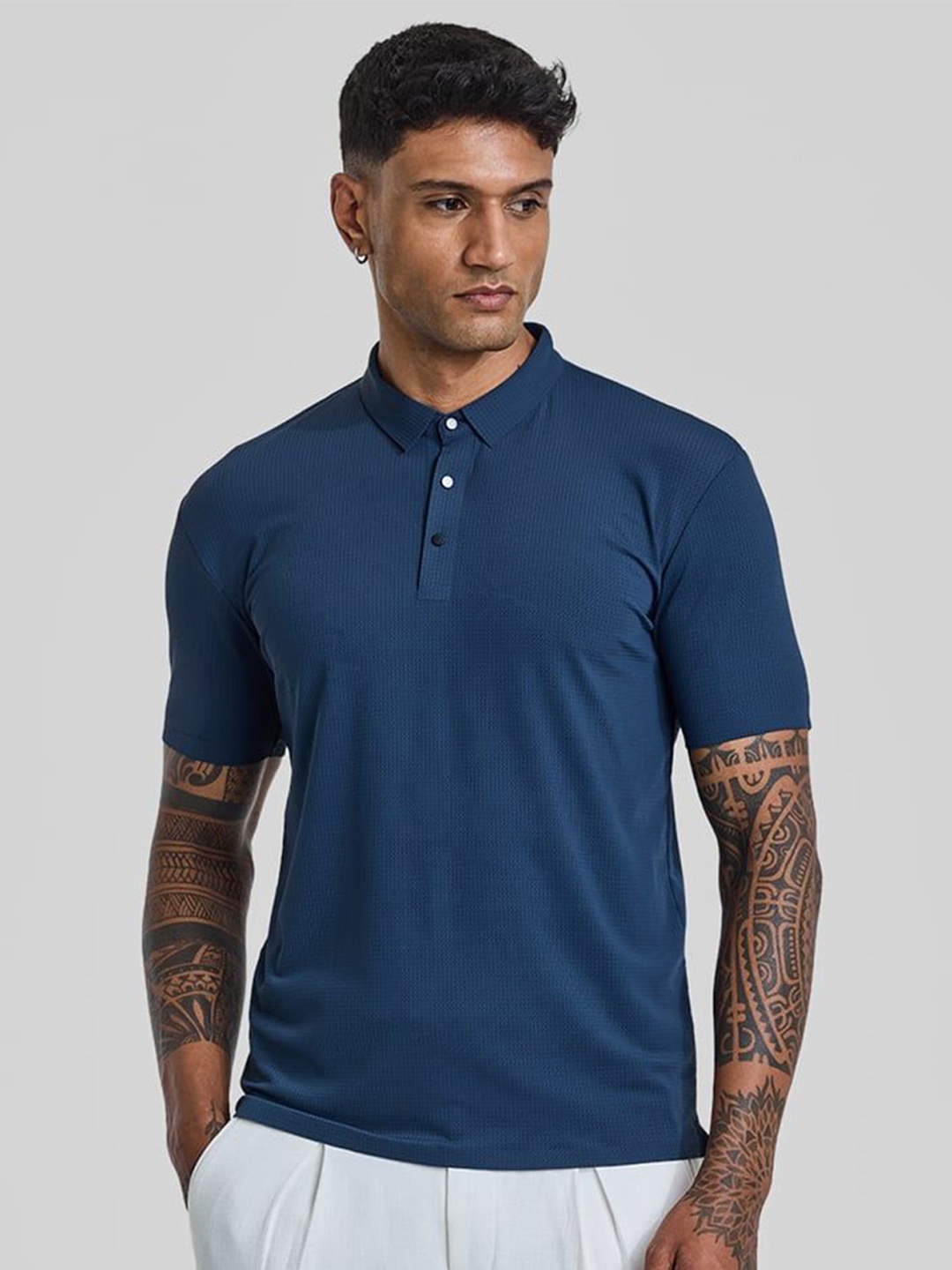 

Snitch Men Self Design Polo Collar Cotton Slim Fit T-shirt, Blue