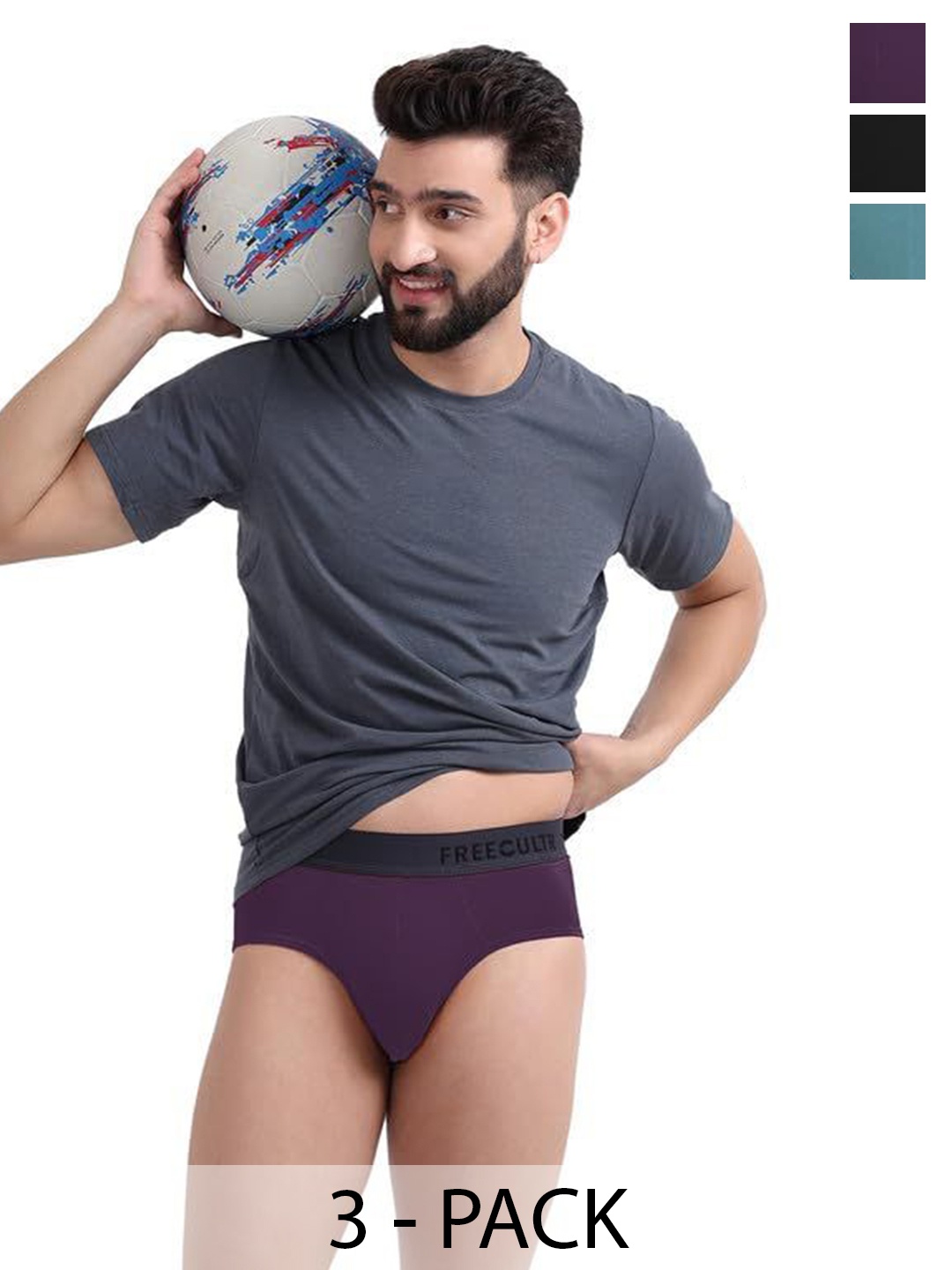 

FREECULTR Men Pack Of 3 Anti Bacterial Ribbed Basic Briefs, Purple