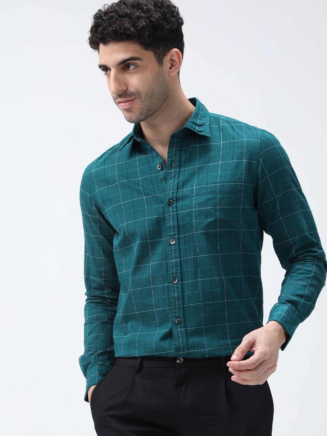 

BARE BROWN Men Cutaway Collar Checked Cotton Slim Fit Casual Shirt, Green
