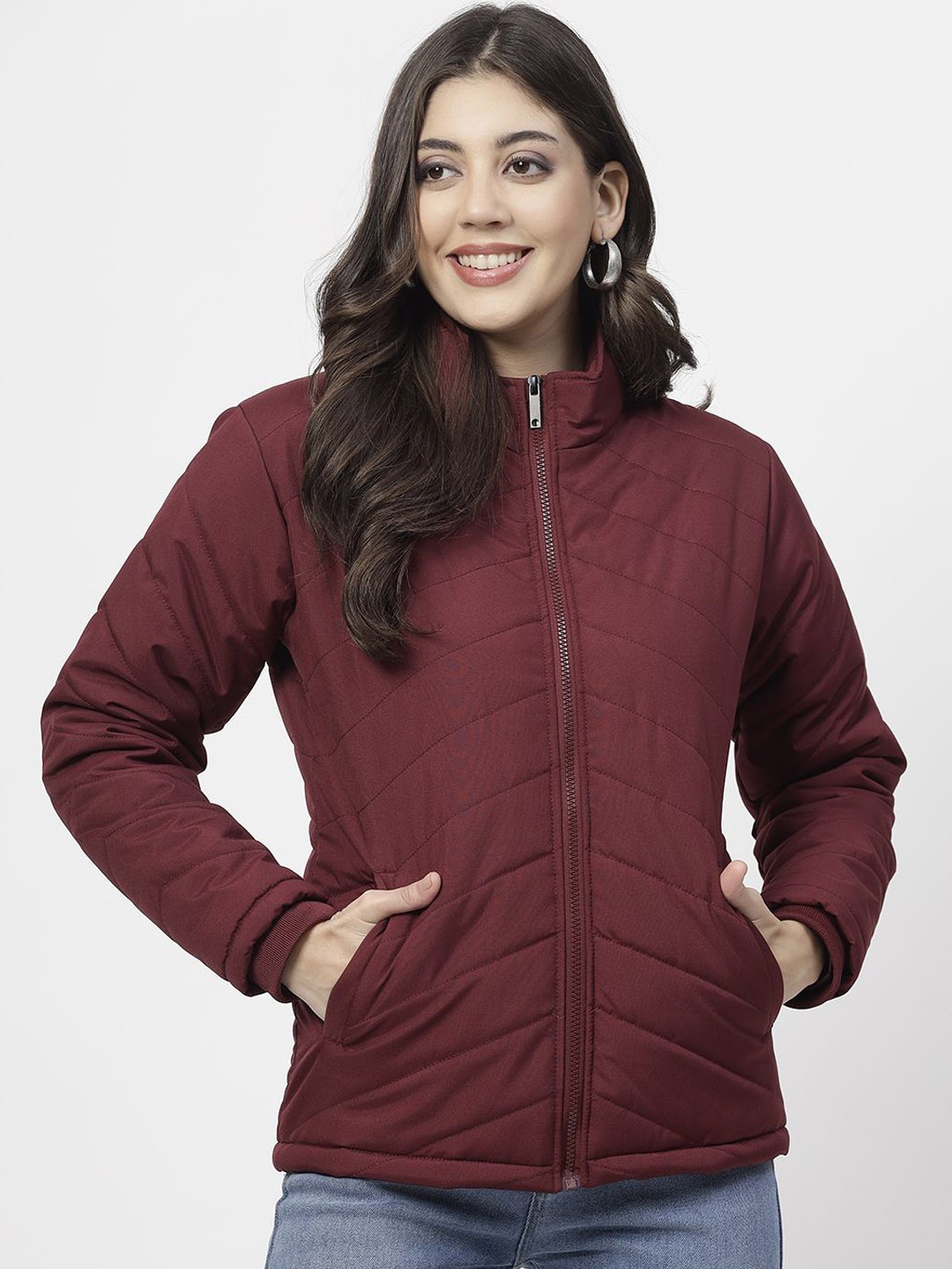 

WELL QUALITY Women Mock Collar Solid Casual Padded Jacket, Maroon