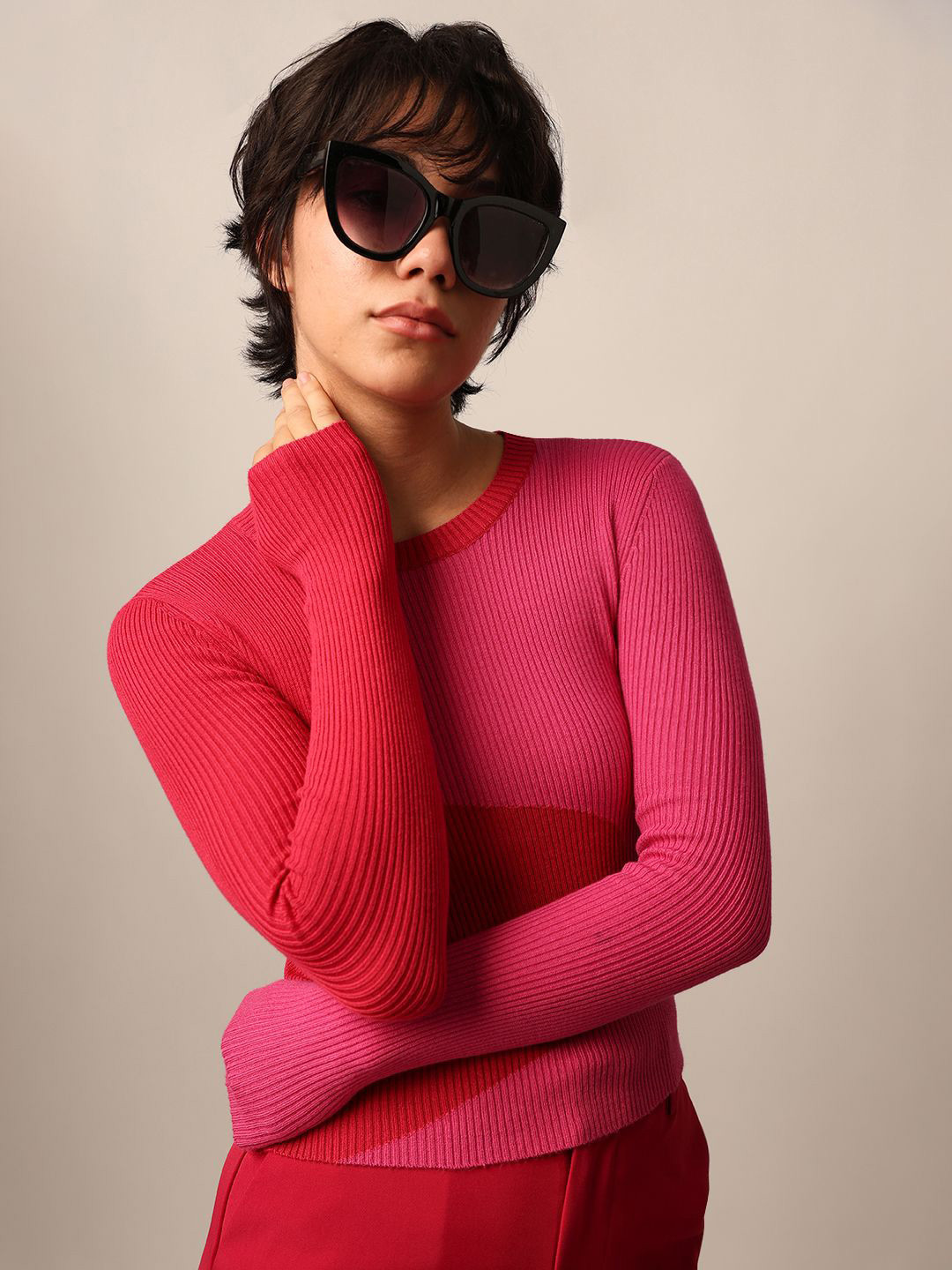 

ONLY Women Pink and Red Round neck Full Sleeves Pullover Sweaters