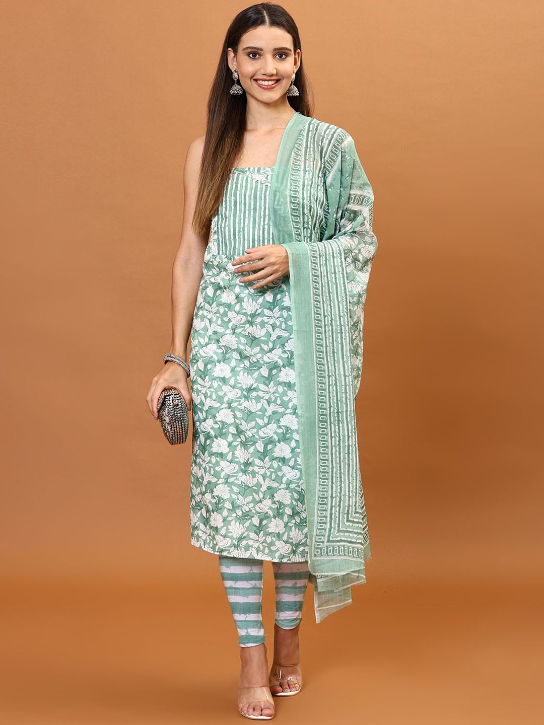 

Meena Bazaar Floral Printed Unstitched Dress Material, Sea green
