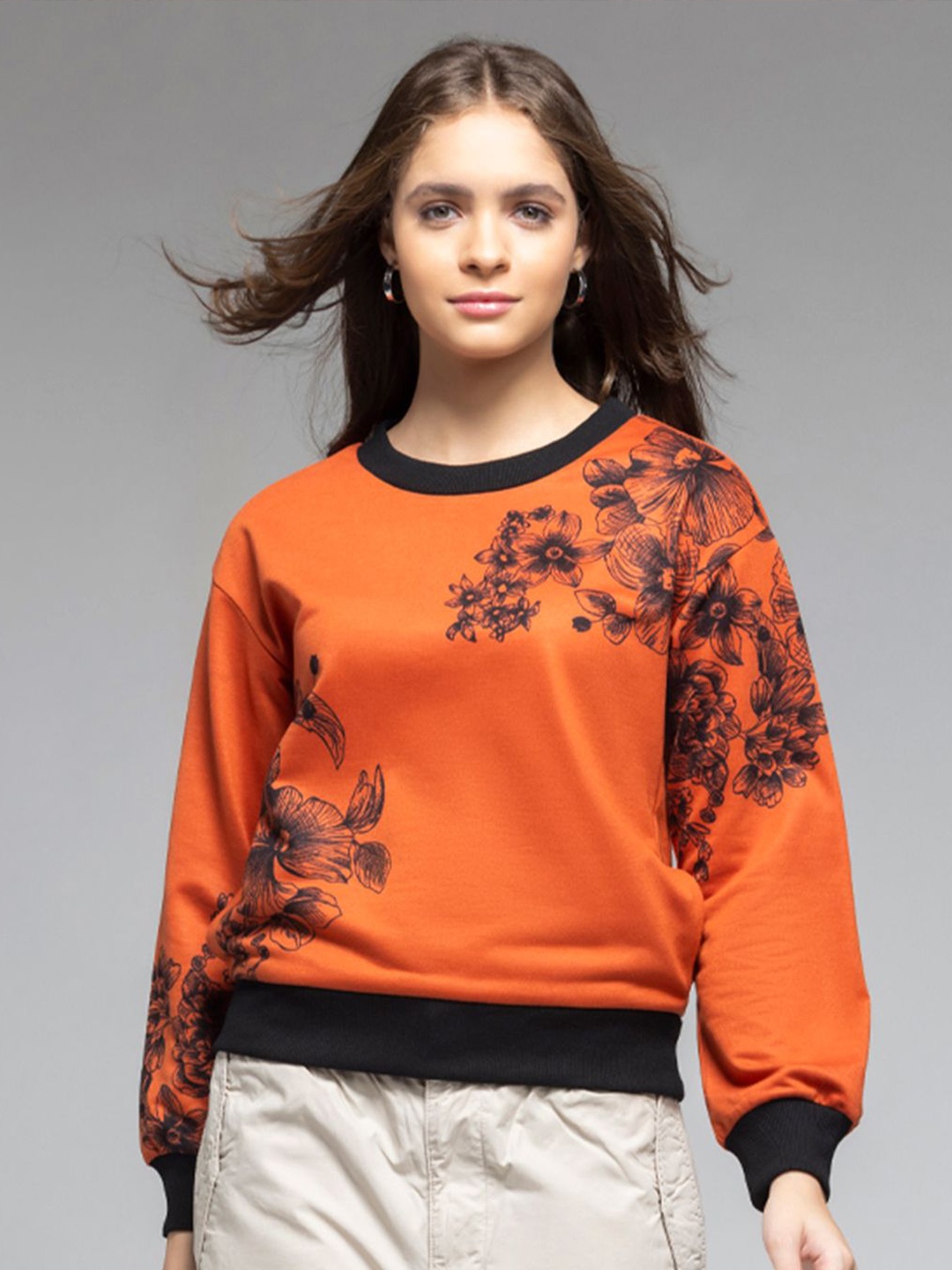 

SHAYE Women Floral Printed Sweatshirt, Orange