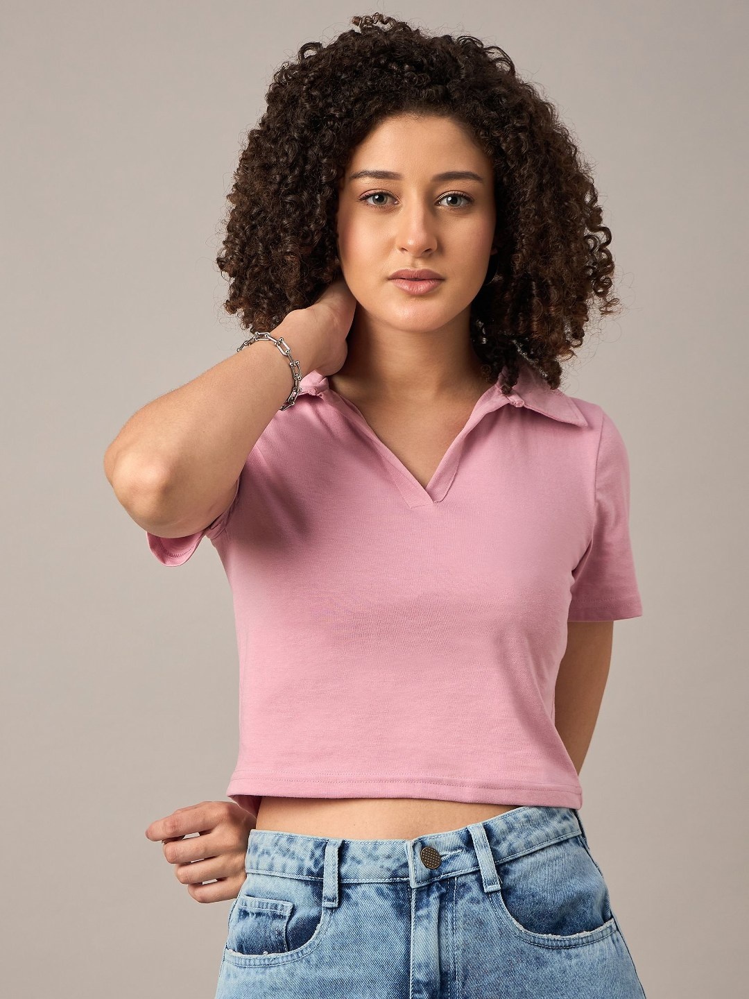 

Mayra Women Solid Polo Collar Cotton T-shirt, Purple