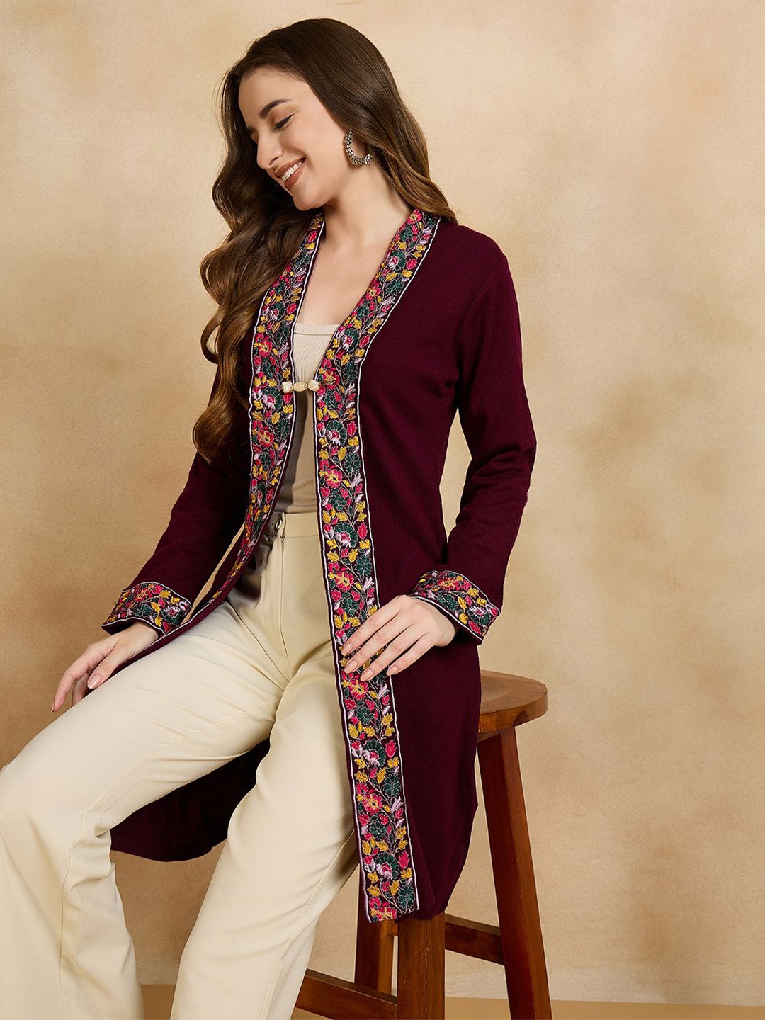 

CLAPTON Front-Open Floral Embroidered Shawl Collar Woolen Longline Sweater, Maroon