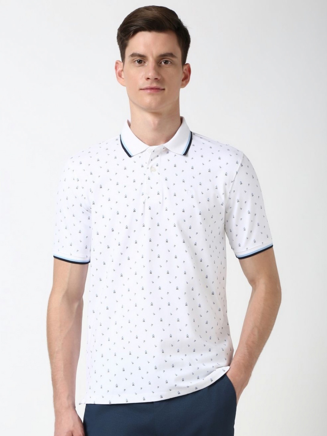 

Peter England Men Geometric Printed Polo Collar Cotton T-shirt, White