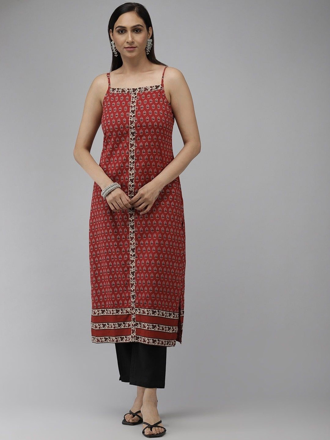 

YASH GALLERY Floral Printed Shoulder Straps Sleeveless Cotton Straight Kurta, Maroon