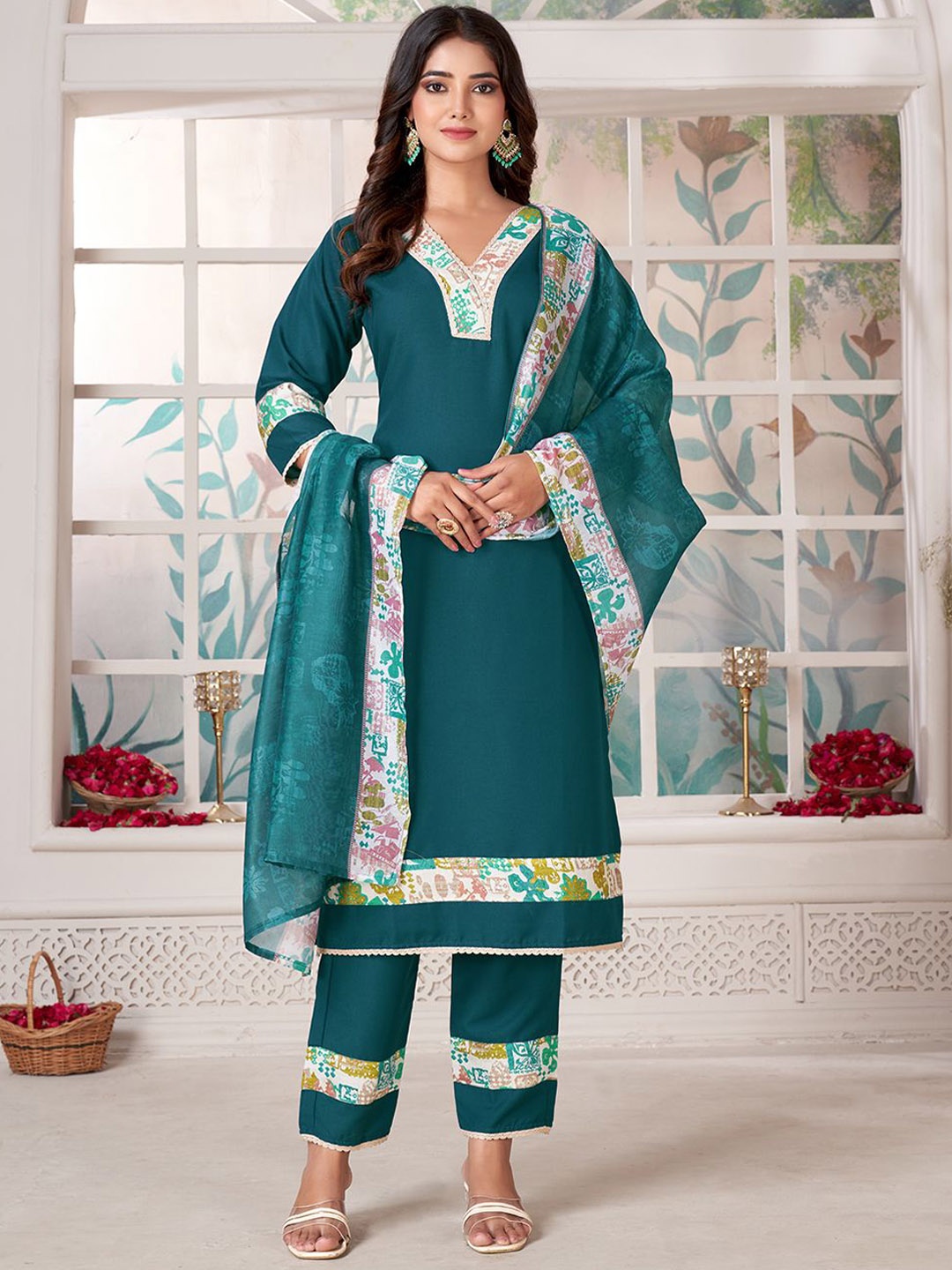 

KALINI V-Neck Straight Kurta With Trousers & Dupatta, Green