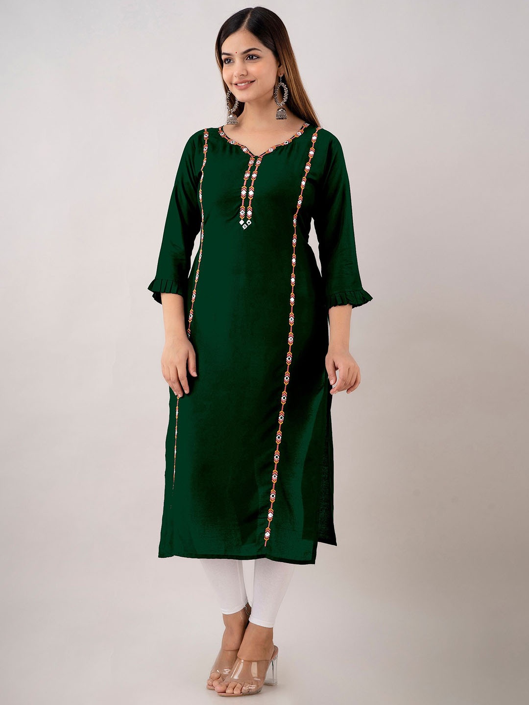 

zeenat libas V-Neck Mirror Work Regular Straight Kurta, Green