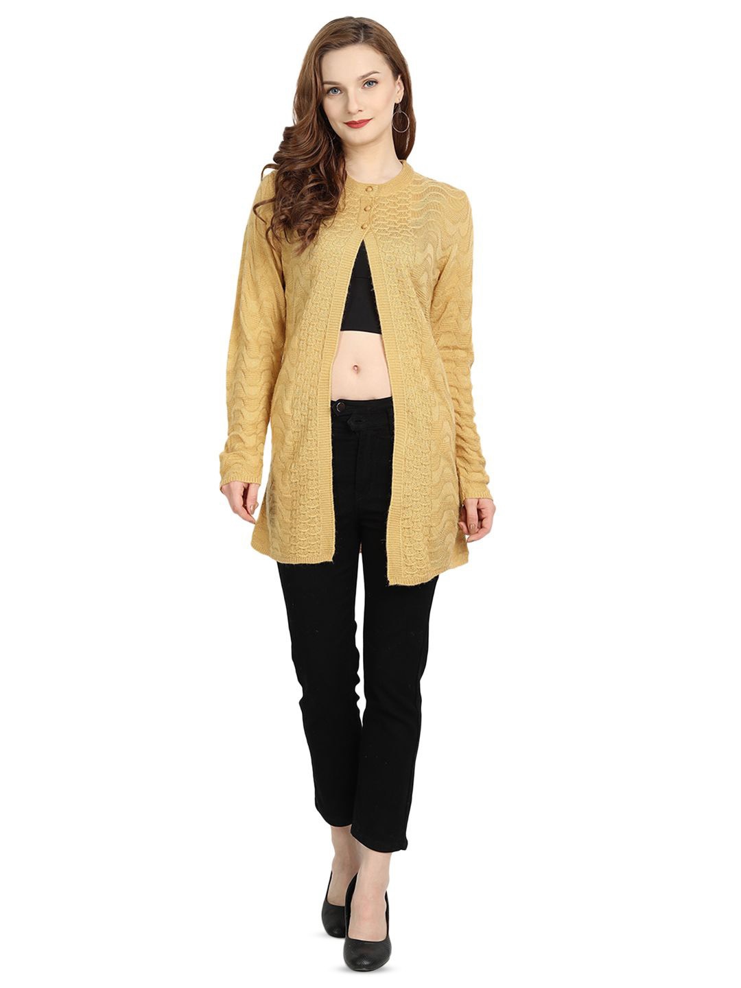 

CLAPTON Open Knit Self-Designed Woolen Longline Cardigan, Yellow