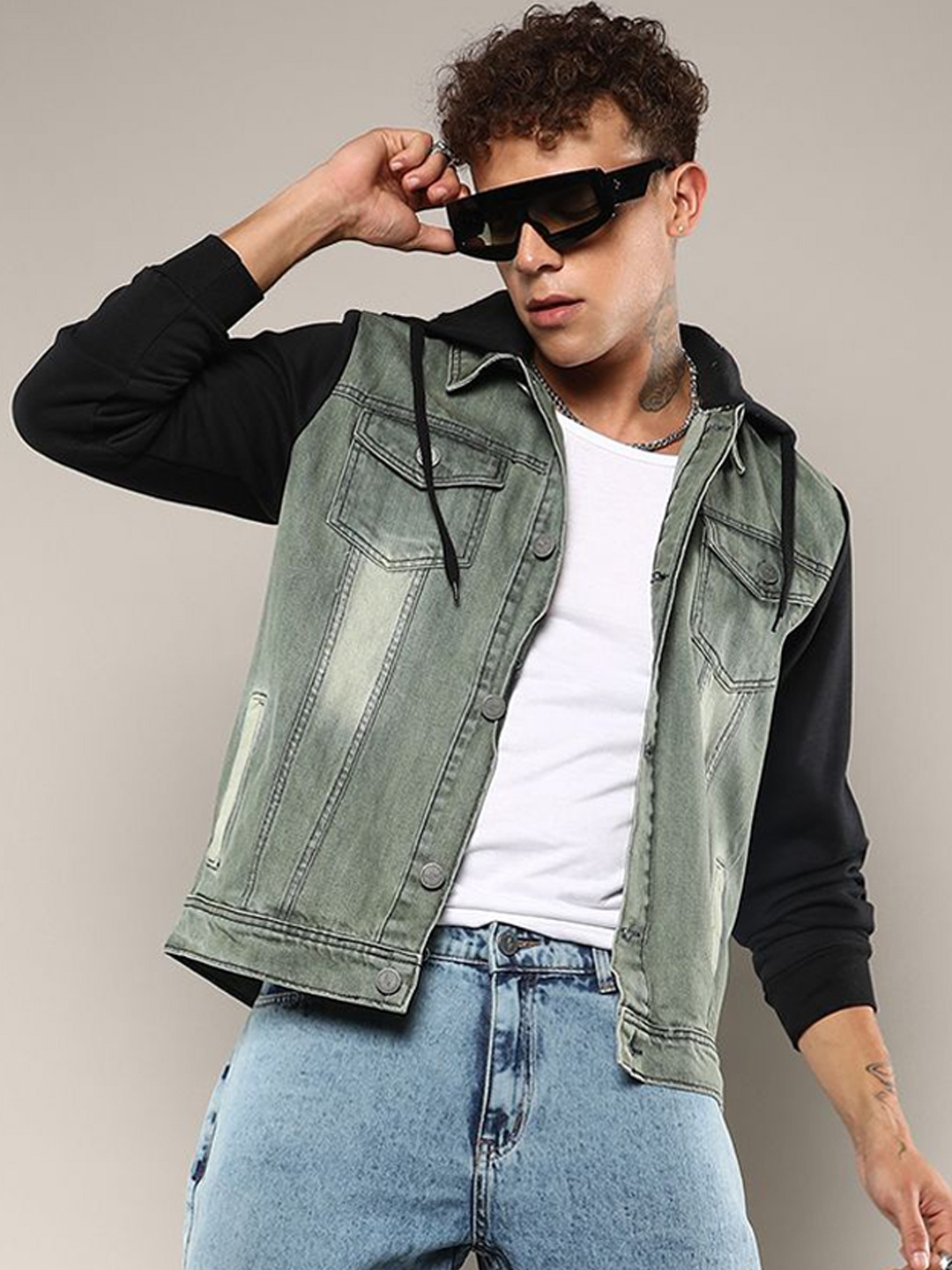 

Campus Sutra Men Hooded Solid Cotton Casual Denim Jacket, Olive