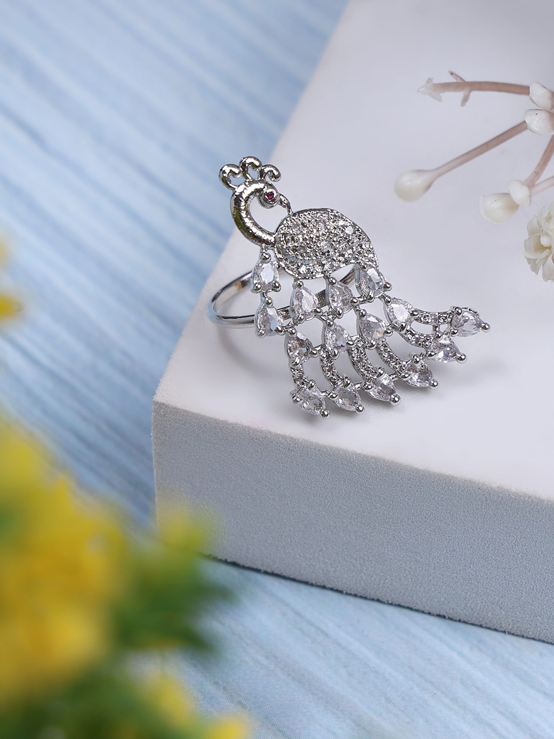 

Styled Diva Silver Plated Zirconia Studded Peacock Adjustable Finger Ring