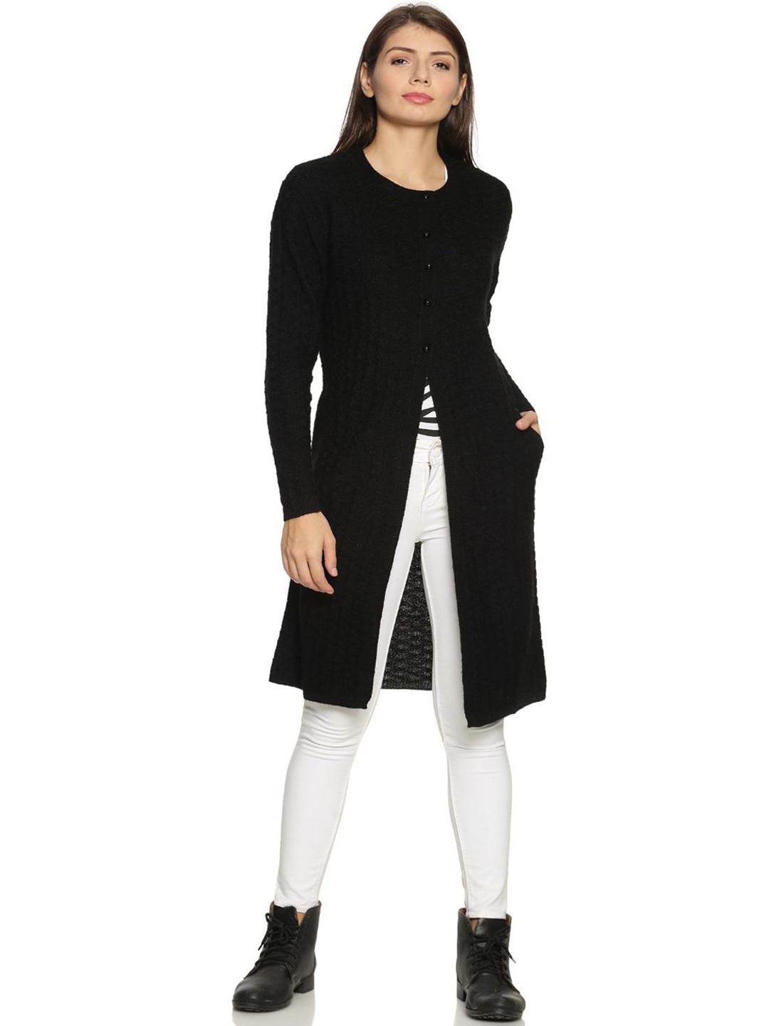 

CLAPTON Cable Knit Self Design Woollen Cardigan Sweater, Black