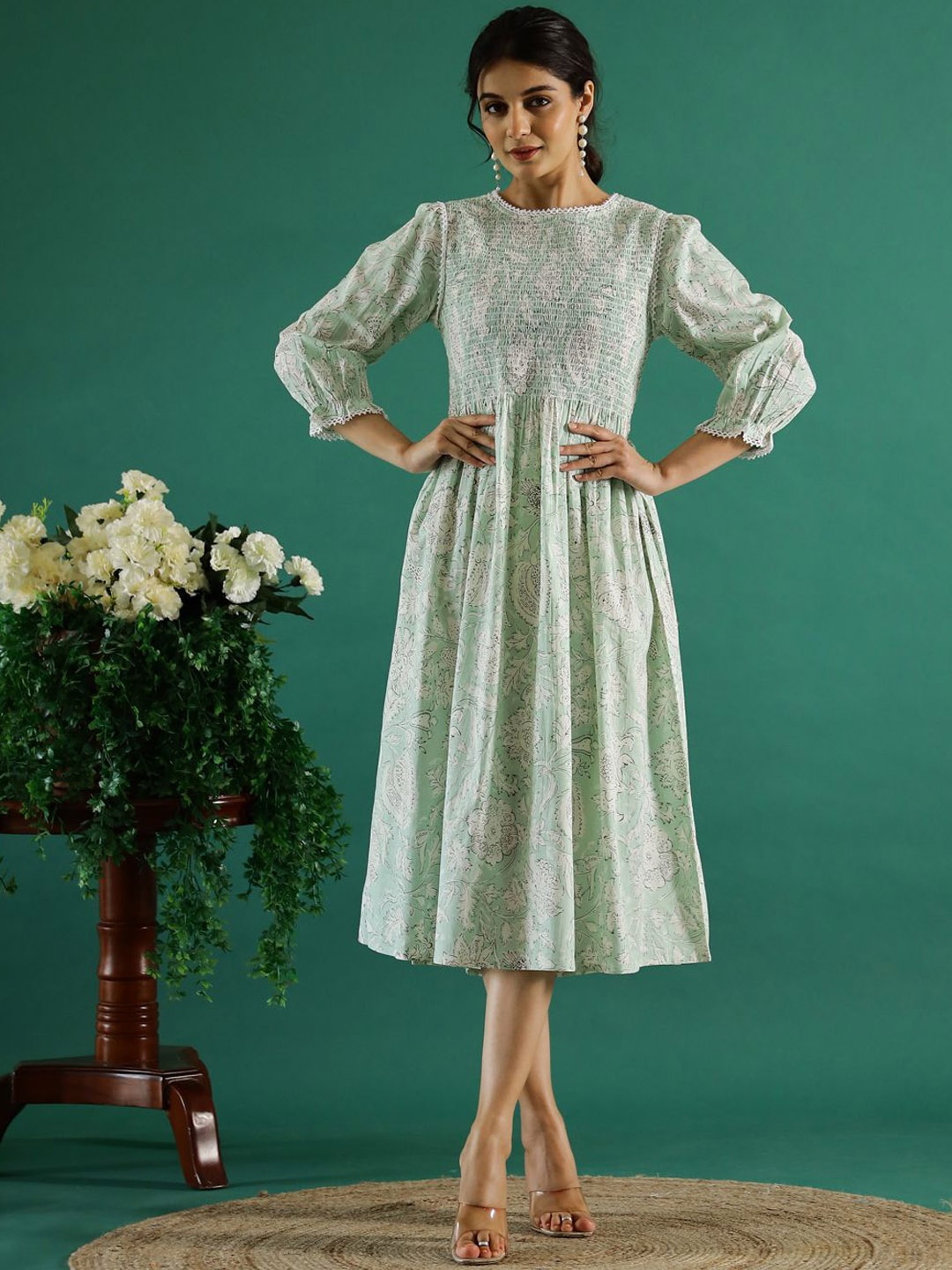 

RangDeep Women Floral Printed Cotton Fit & Flare Knee Length Party Dress, Green