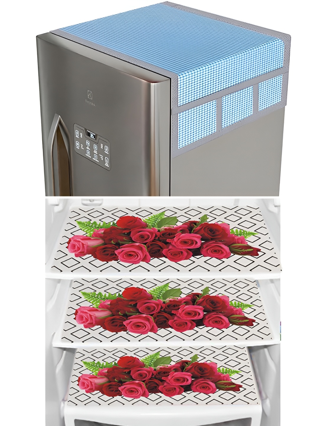 

LooMantha 4-Pcs Maroon & Blue Printed Fridge Top Cover & Fridge Mats